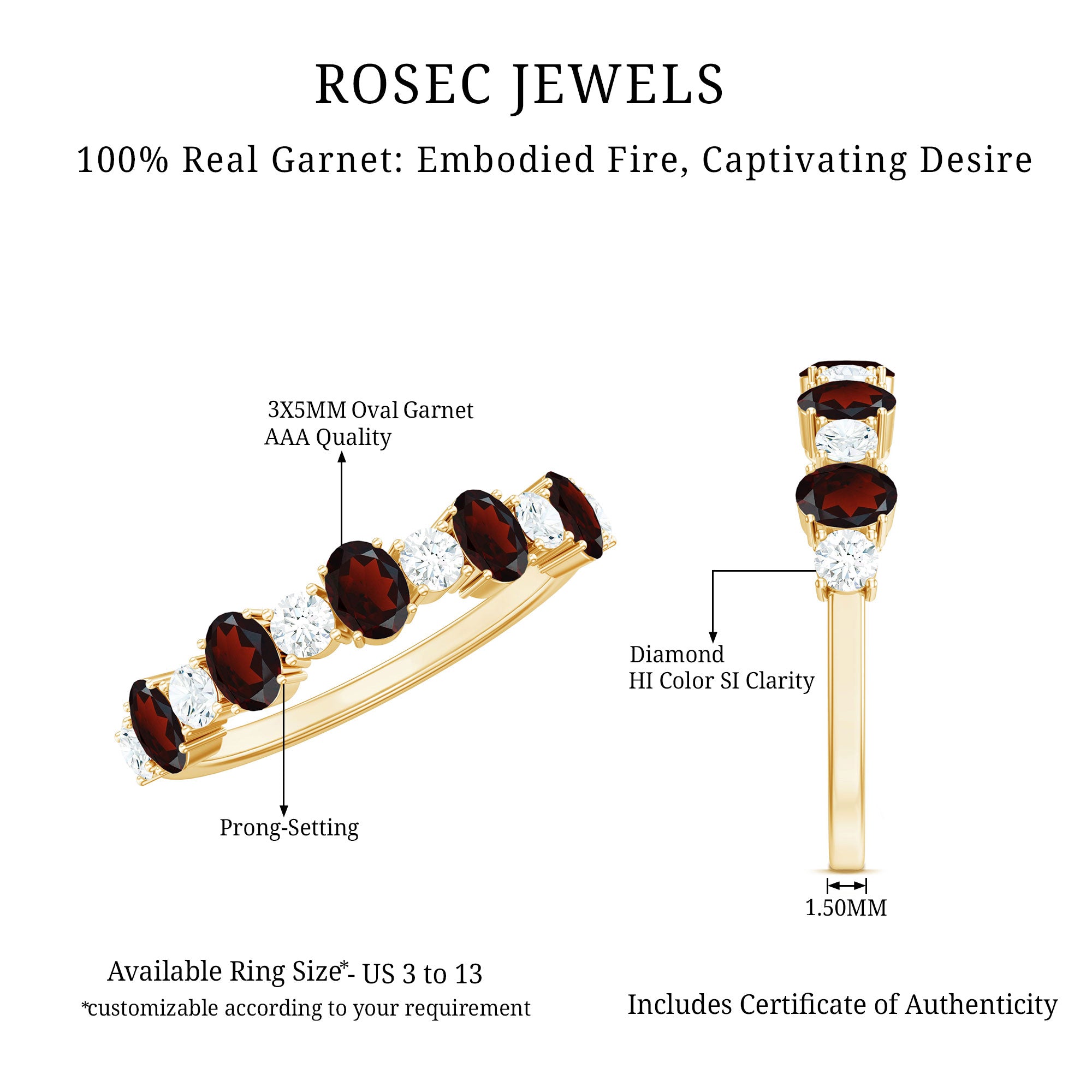 Certified Real Garnet Diamond Half Eternity Ring for Anniversary AAA - Rosec Jewels