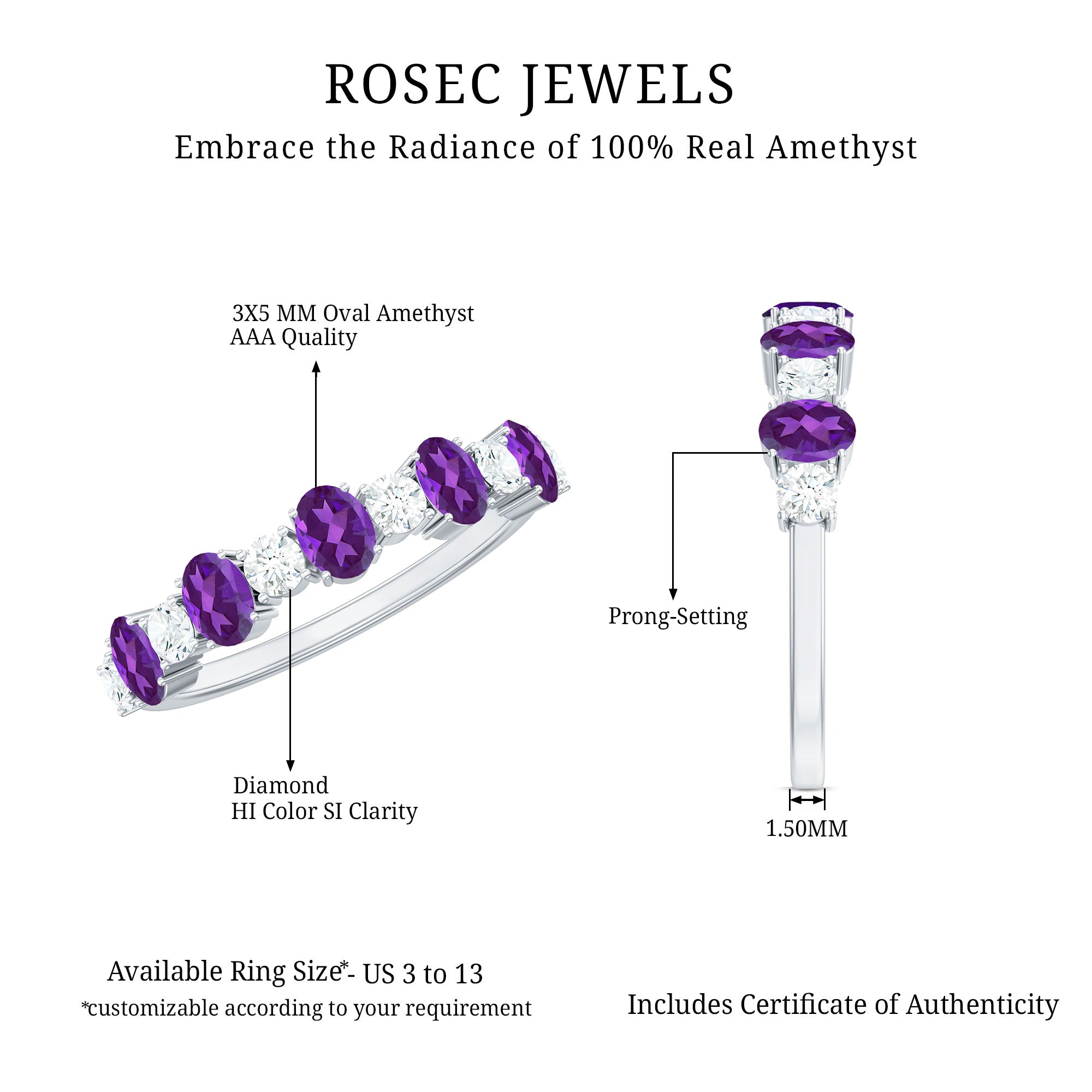 Rosec Jewels-Natural Oval Amethyst Diamond Half Eternity Ring for Women