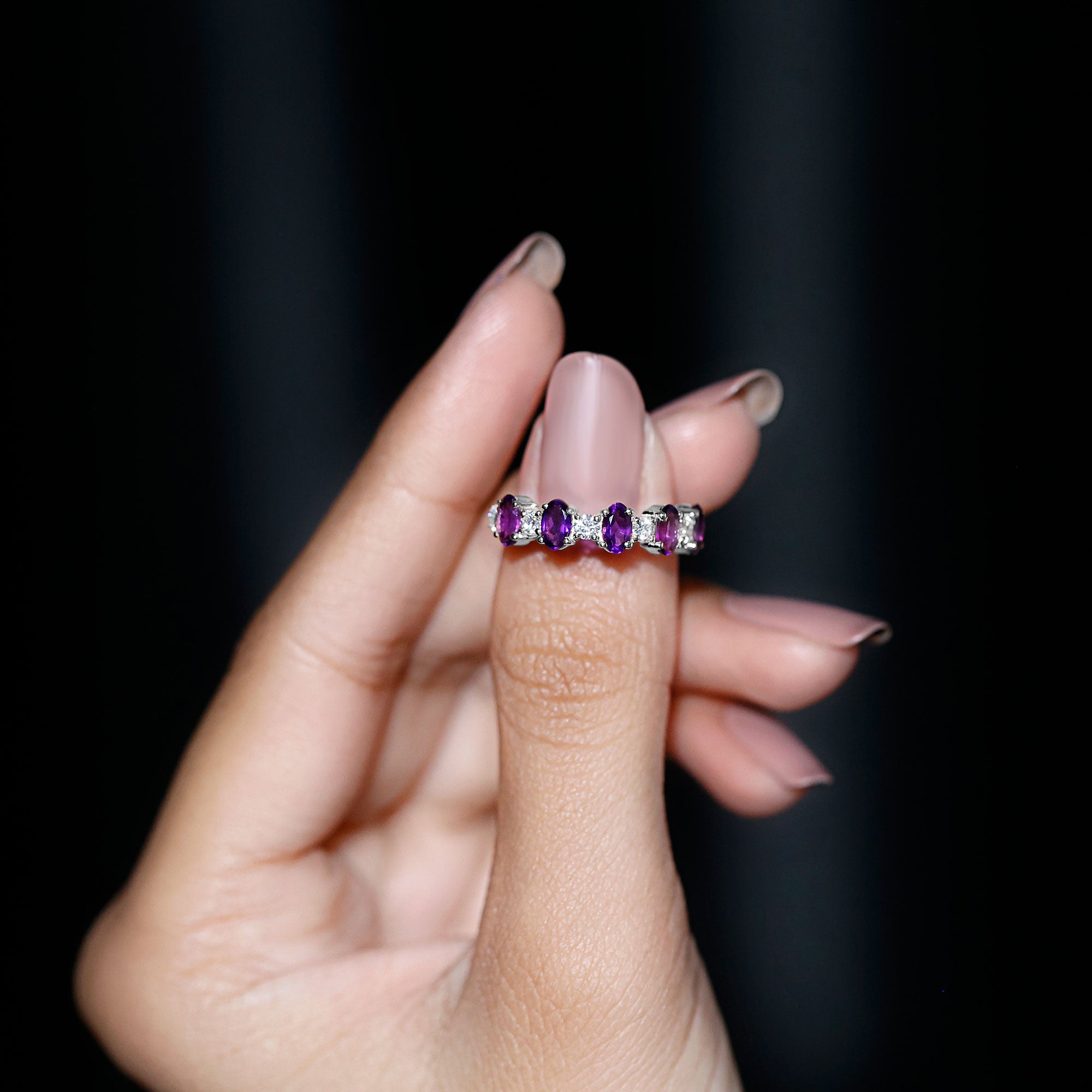 Rosec Jewels-Natural Oval Amethyst Diamond Half Eternity Ring for Women