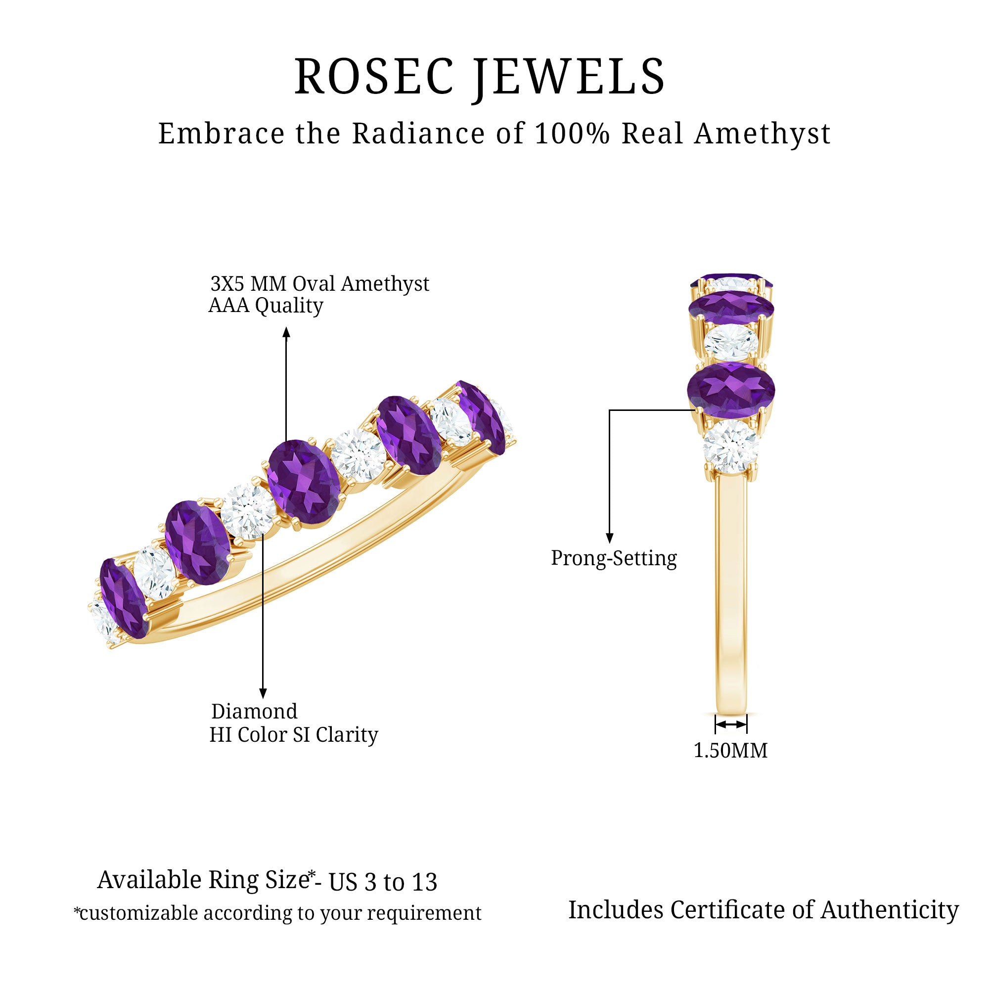 Rosec Jewels-Natural Oval Amethyst Diamond Half Eternity Ring for Women