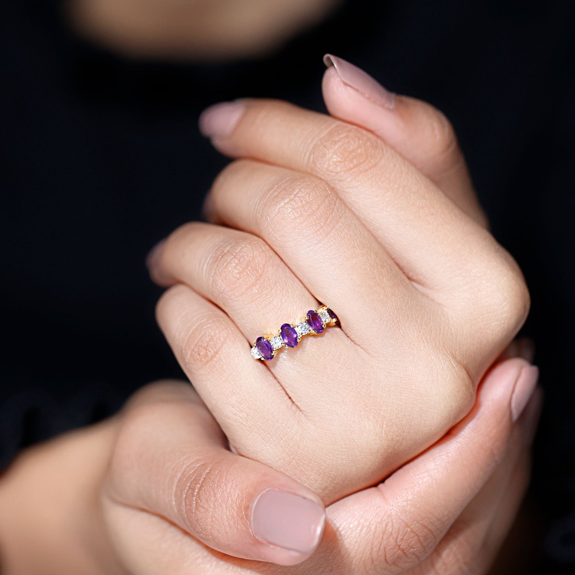 Rosec Jewels-Natural Oval Amethyst Diamond Half Eternity Ring for Women