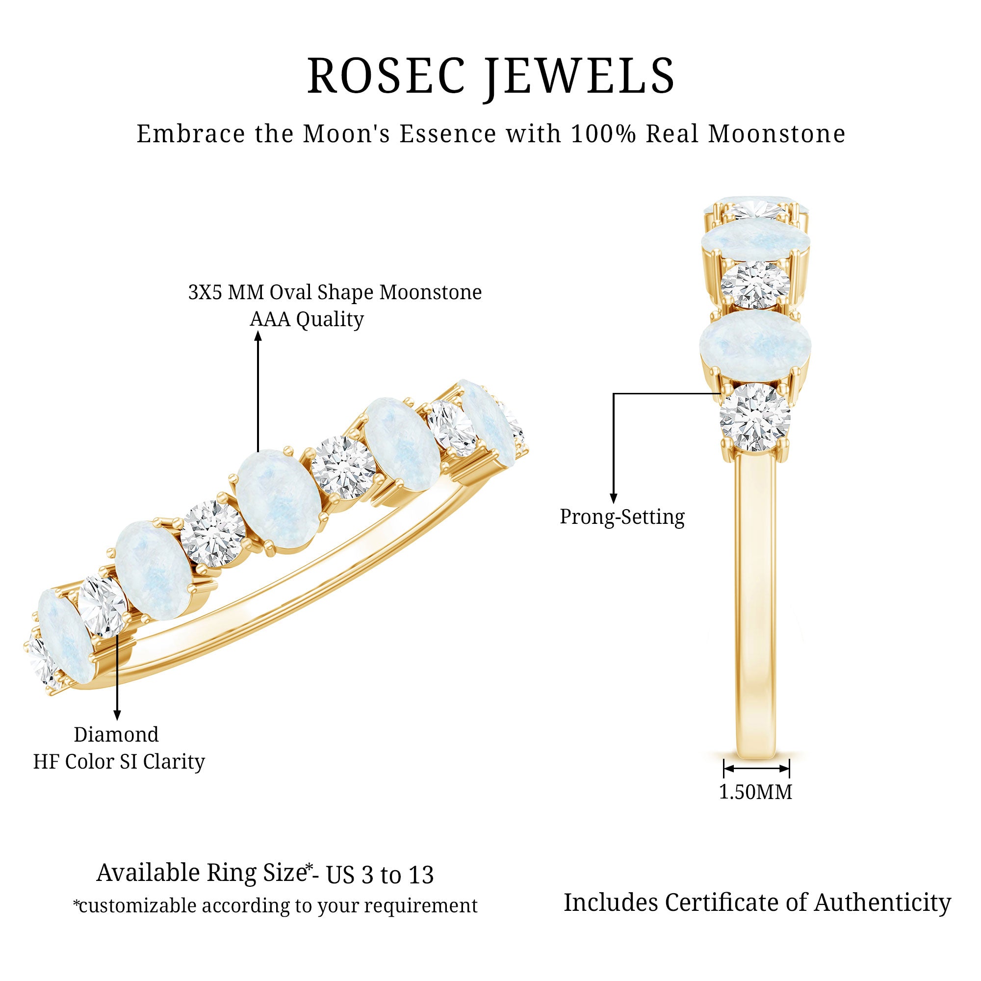 1.5 CT Alternate Moonstone and Diamond Semi Eternity Ring AAA - Rosec Jewels