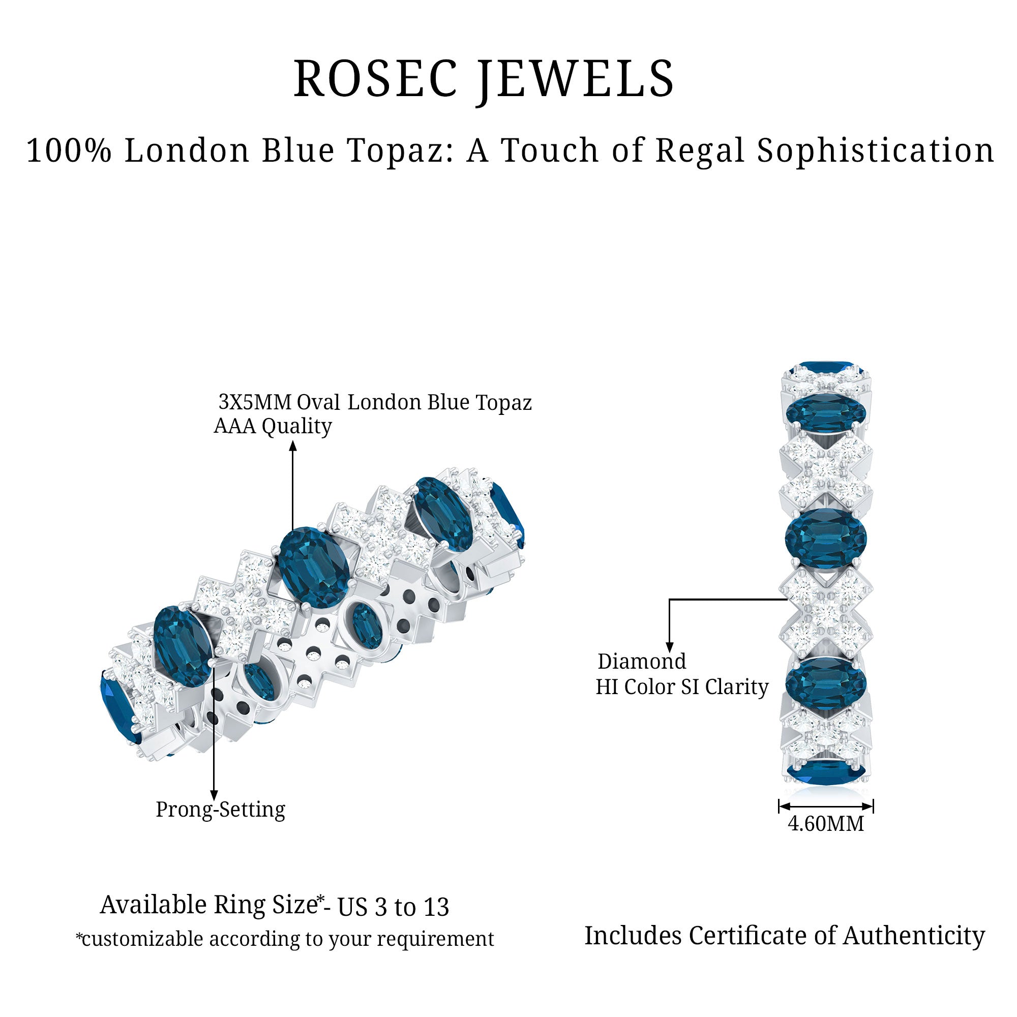 Oval Cut London Blue Topaz Designer Eternity Band with Diamond AAA - Rosec Jewels