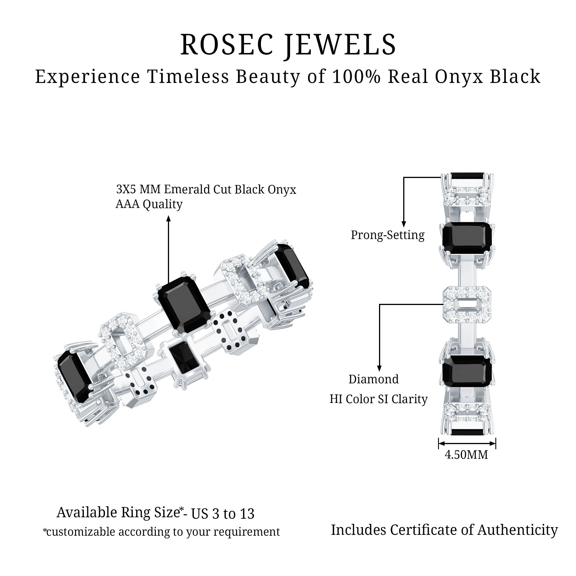 Contemporary Emerald Cut Onyx and Diamond Wedding Band AAA - Rosec Jewels