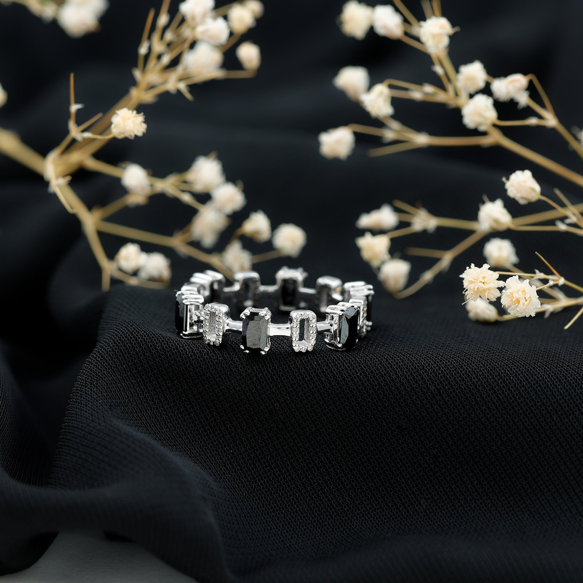 Contemporary Emerald Cut Onyx and Diamond Wedding Band AAA - Rosec Jewels