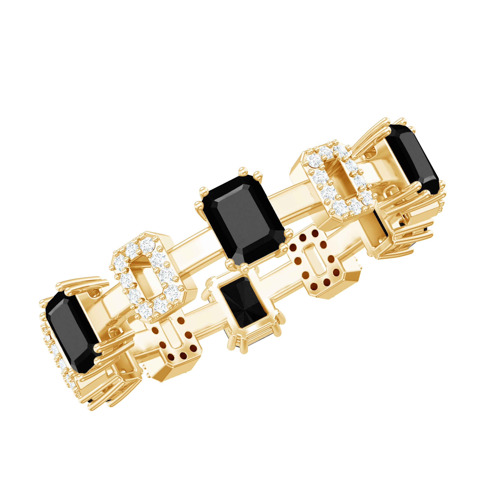 Contemporary Emerald Cut Onyx and Diamond Wedding Band AAA - Rosec Jewels
