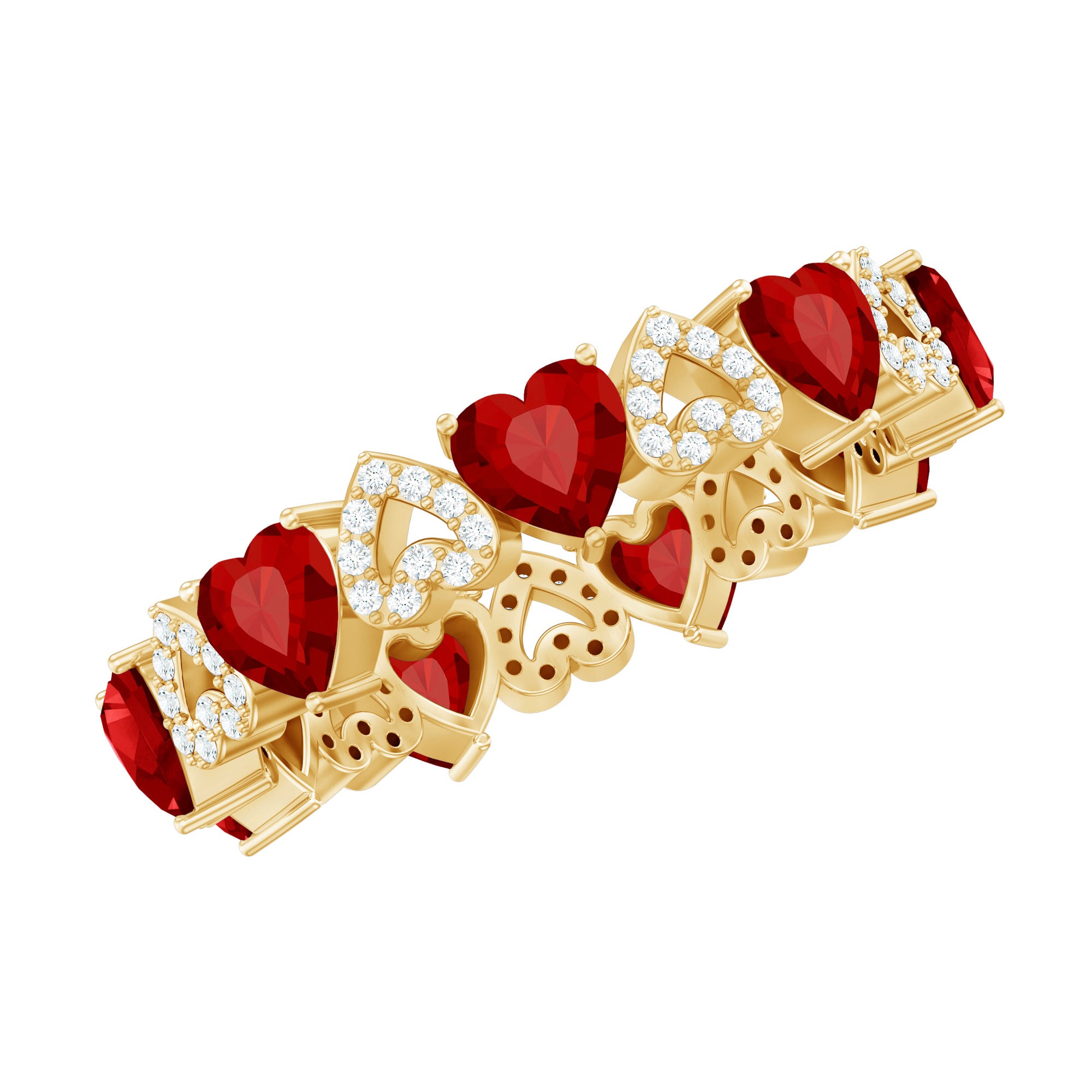 Lab-Created Ruby and Diamond Heart Eternity Band Ring AAAA - Rosec Jewels