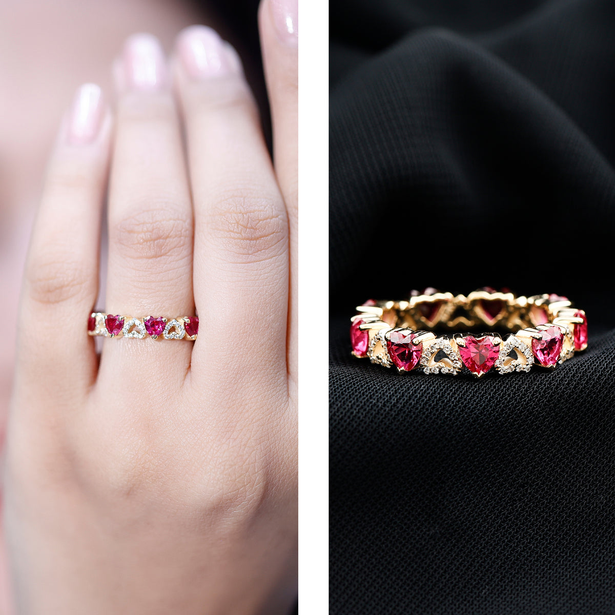 Lab-Created Ruby and Diamond Heart Eternity Band Ring AAAA - Rosec Jewels