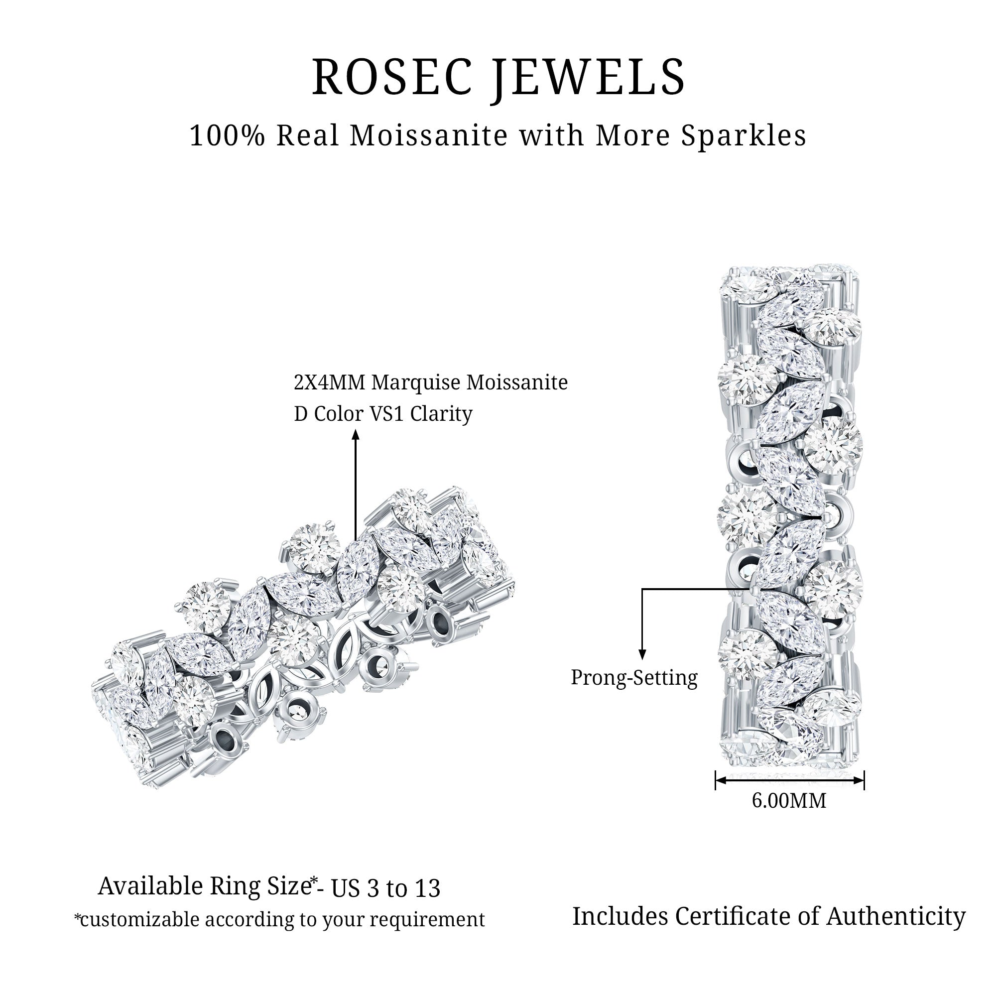 Marquise and Round Moissanite Cluster Eternity Band D-VS1 - Rosec Jewels
