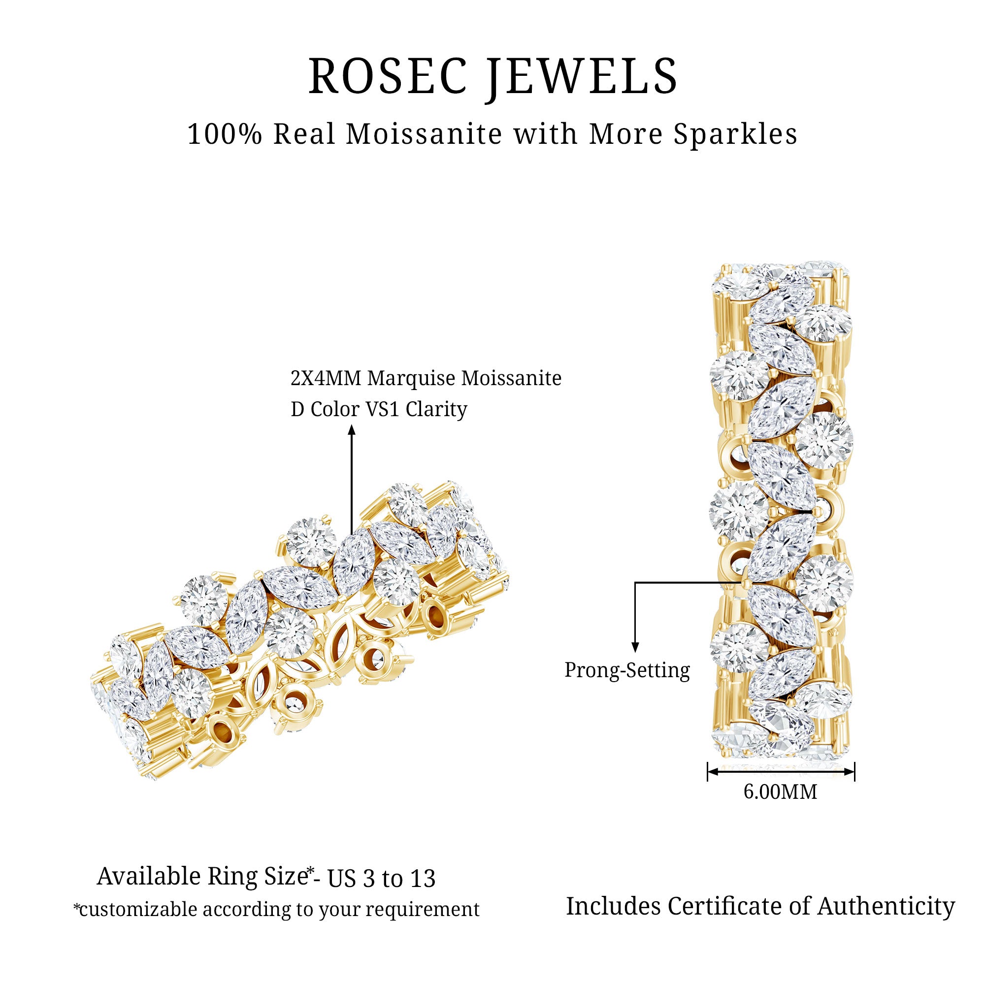 Marquise and Round Moissanite Cluster Eternity Band D-VS1 - Rosec Jewels