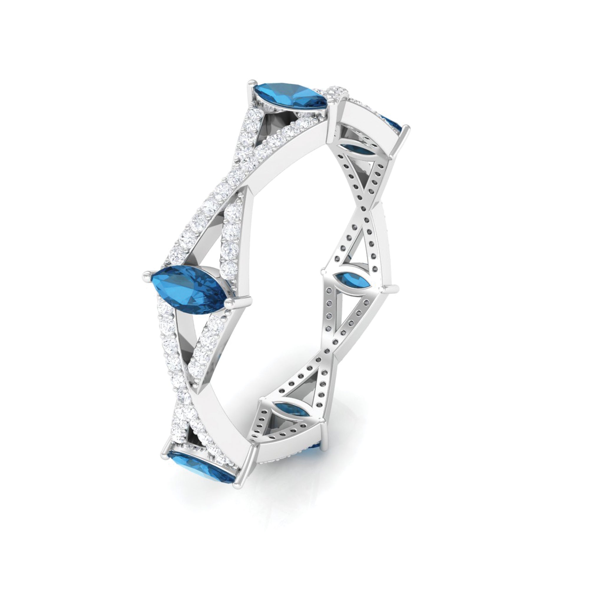 Rosec Jewels-Marquise London Blue Topaz Crossover Eternity Band with Diamond