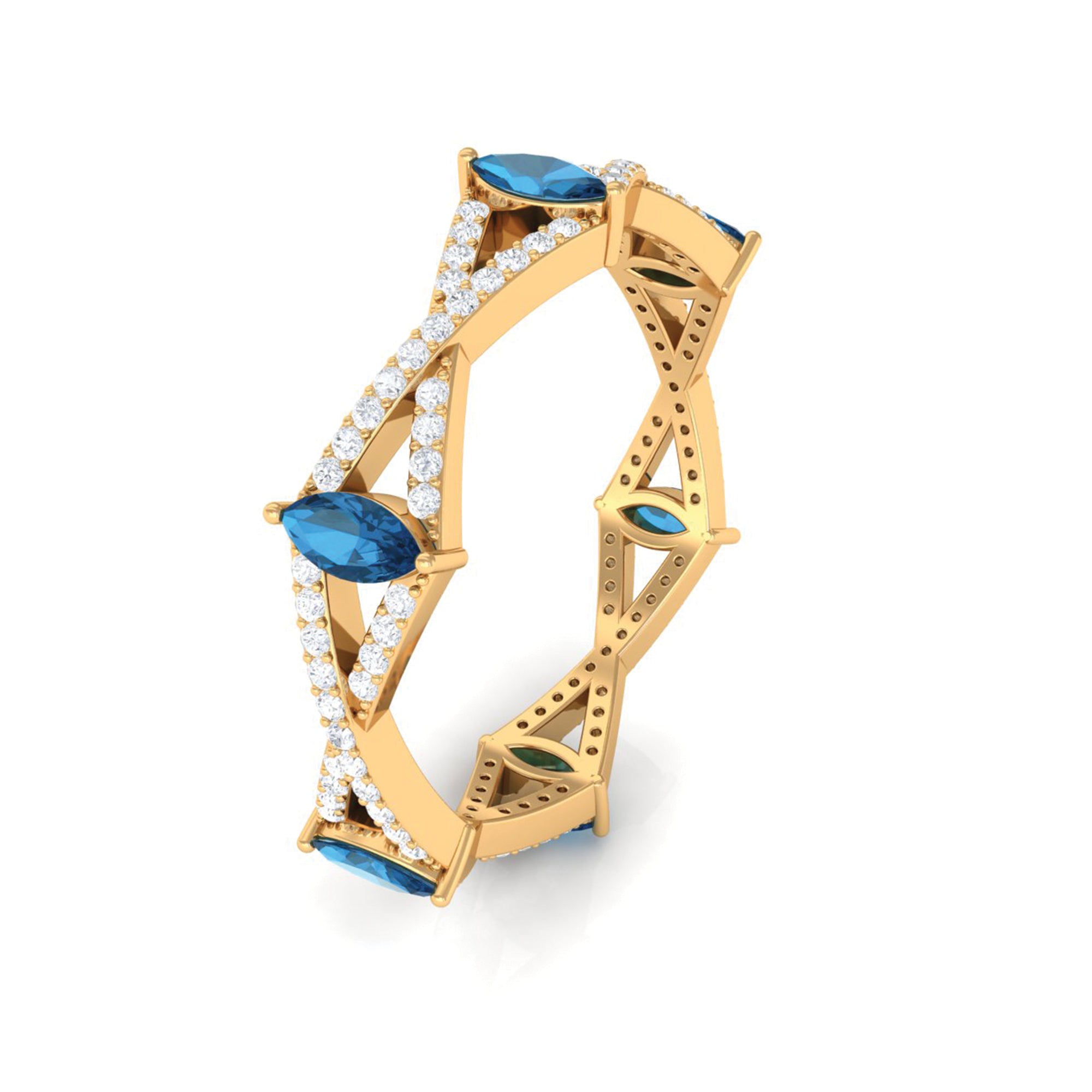 Rosec Jewels-Marquise London Blue Topaz Crossover Eternity Band with Diamond
