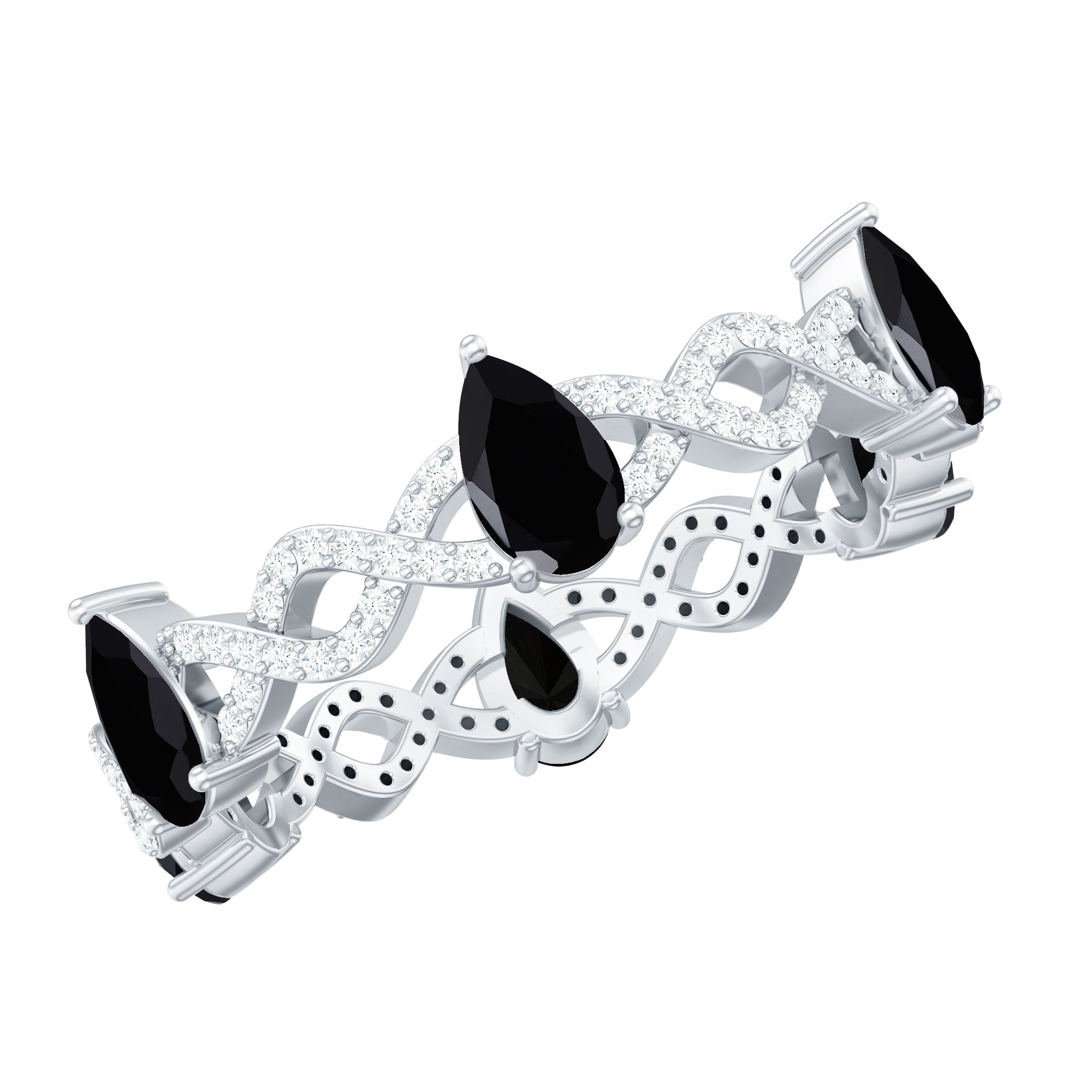 Natural Pear Shape Black Spinel Diamond Eternity Ring with Crossover Band AAA - Rosec Jewels
