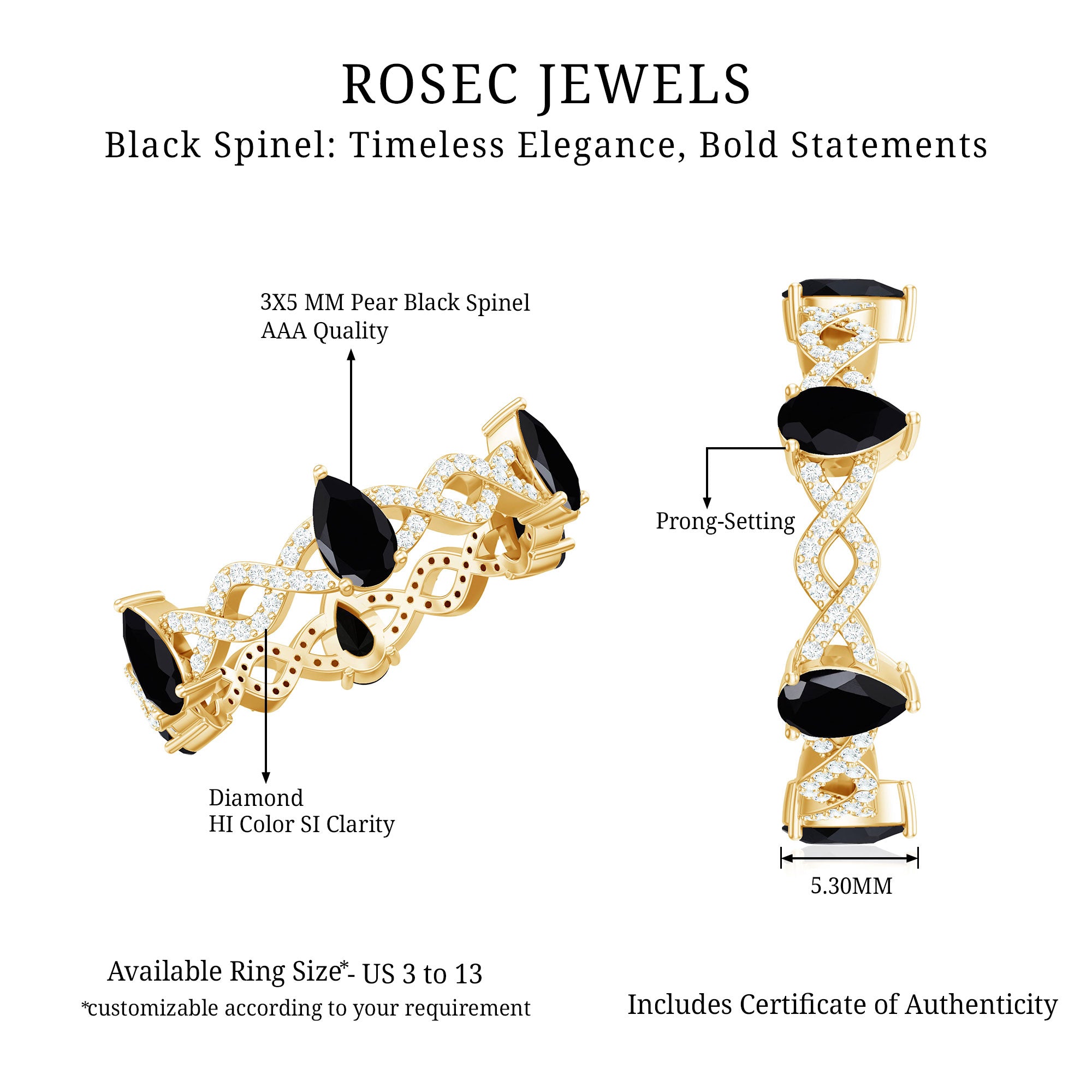 Natural Pear Shape Black Spinel Diamond Eternity Ring with Crossover Band AAA - Rosec Jewels