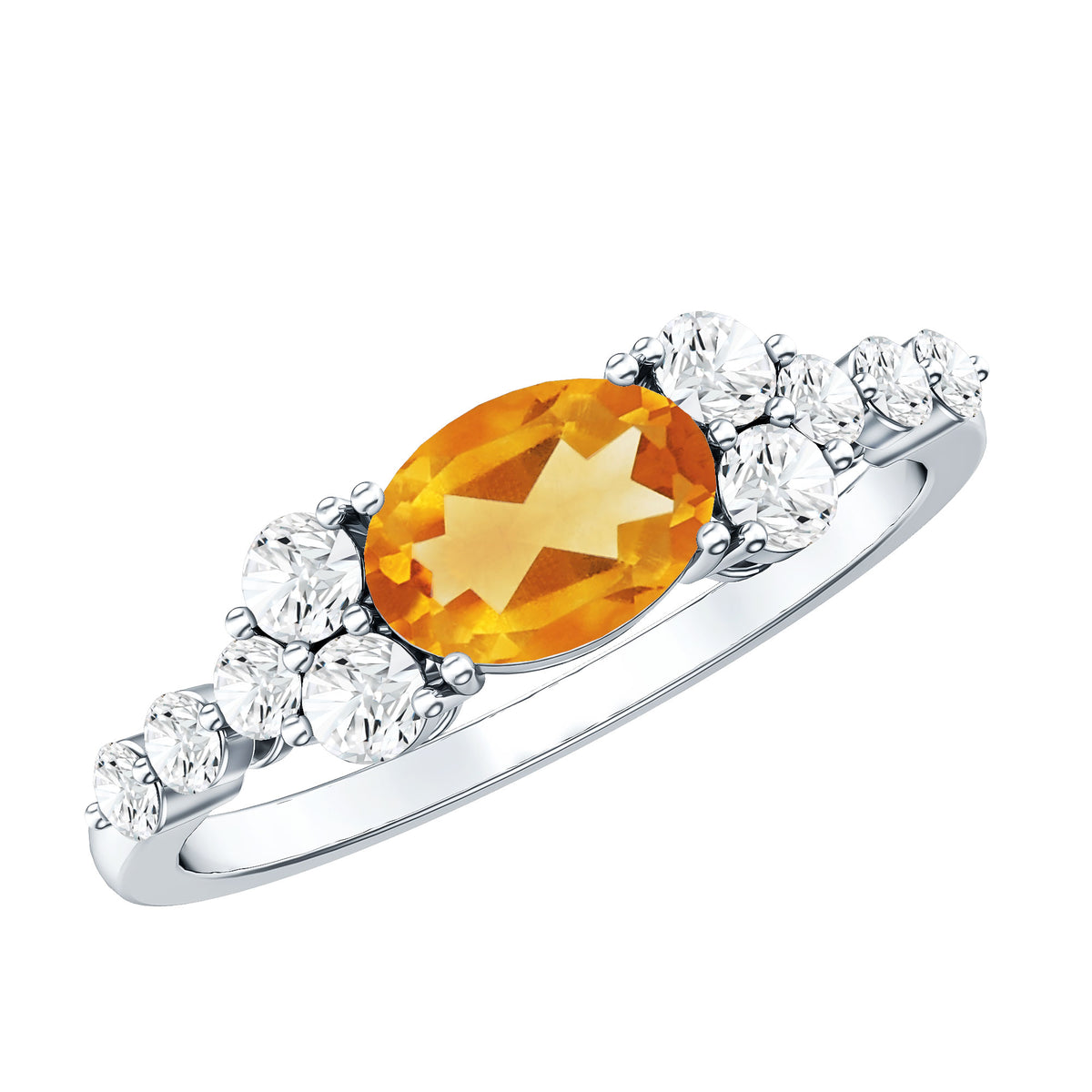 Certified Real Oval Citrine East West Engagement Ring with Diamond AAA - Rosec Jewels