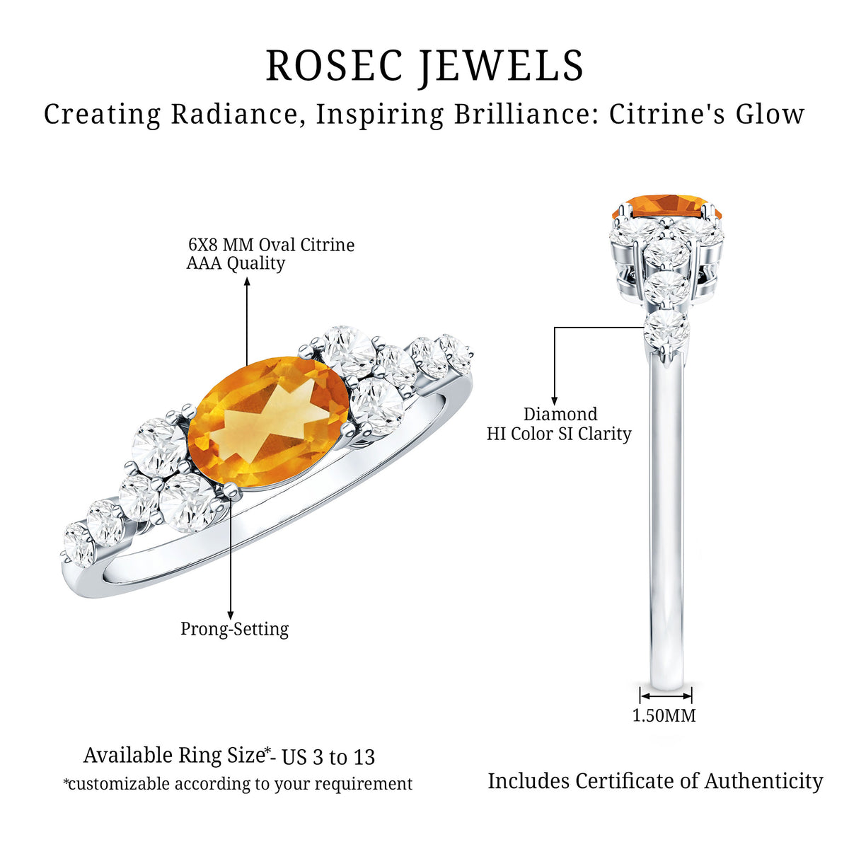 Certified Real Oval Citrine East West Engagement Ring with Diamond AAA - Rosec Jewels