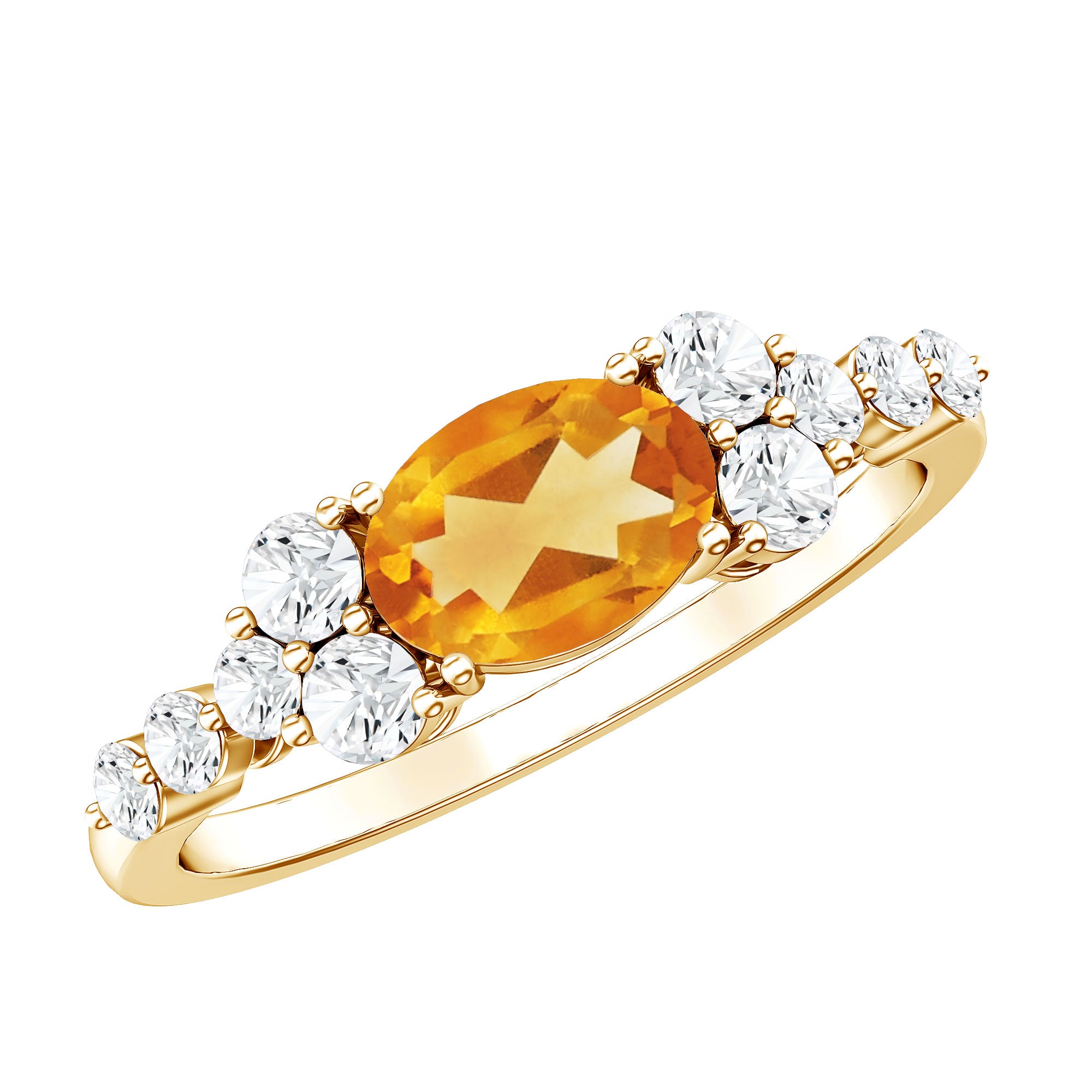 Certified Real Oval Citrine East West Engagement Ring with Diamond AAA - Rosec Jewels