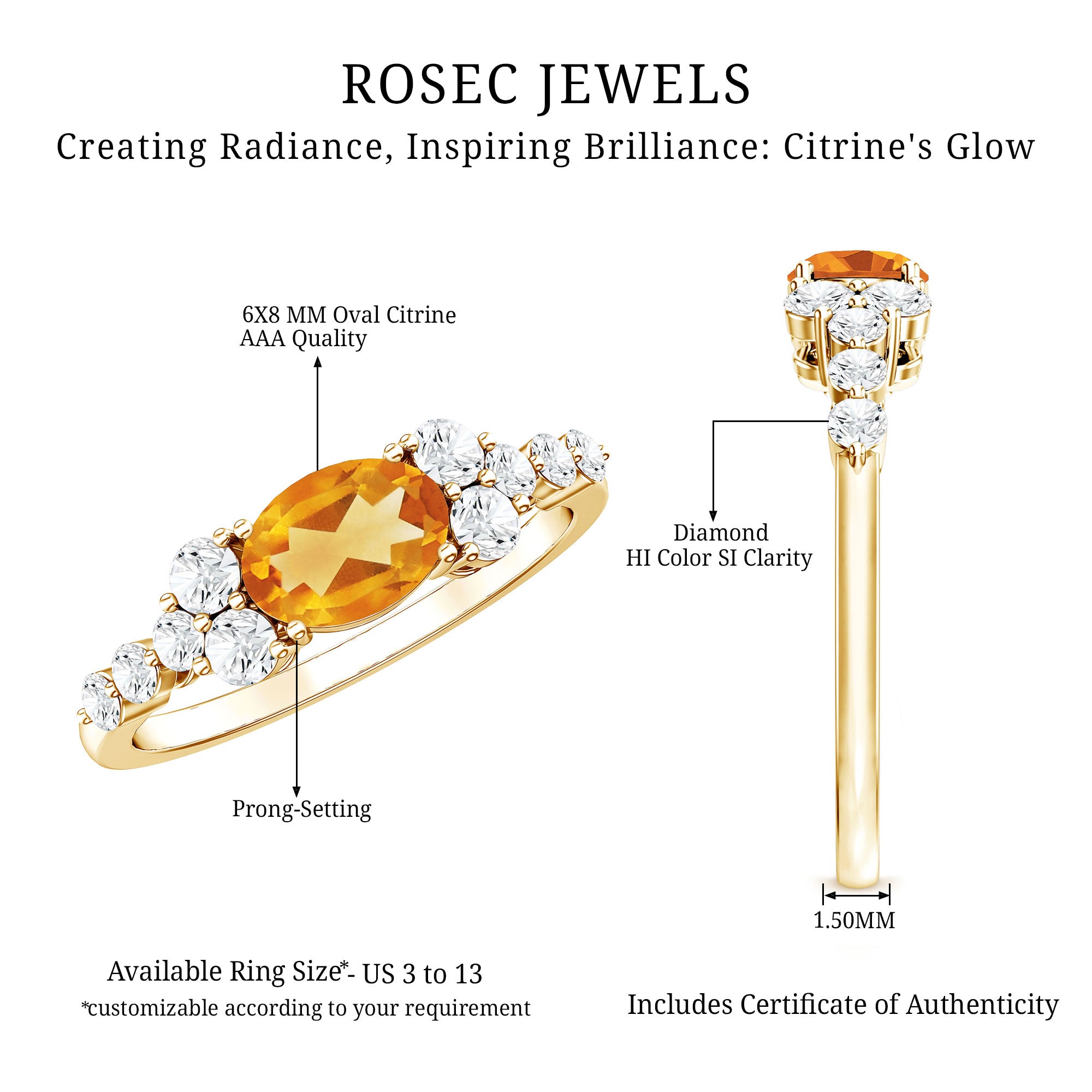 Certified Real Oval Citrine East West Engagement Ring with Diamond AAA - Rosec Jewels