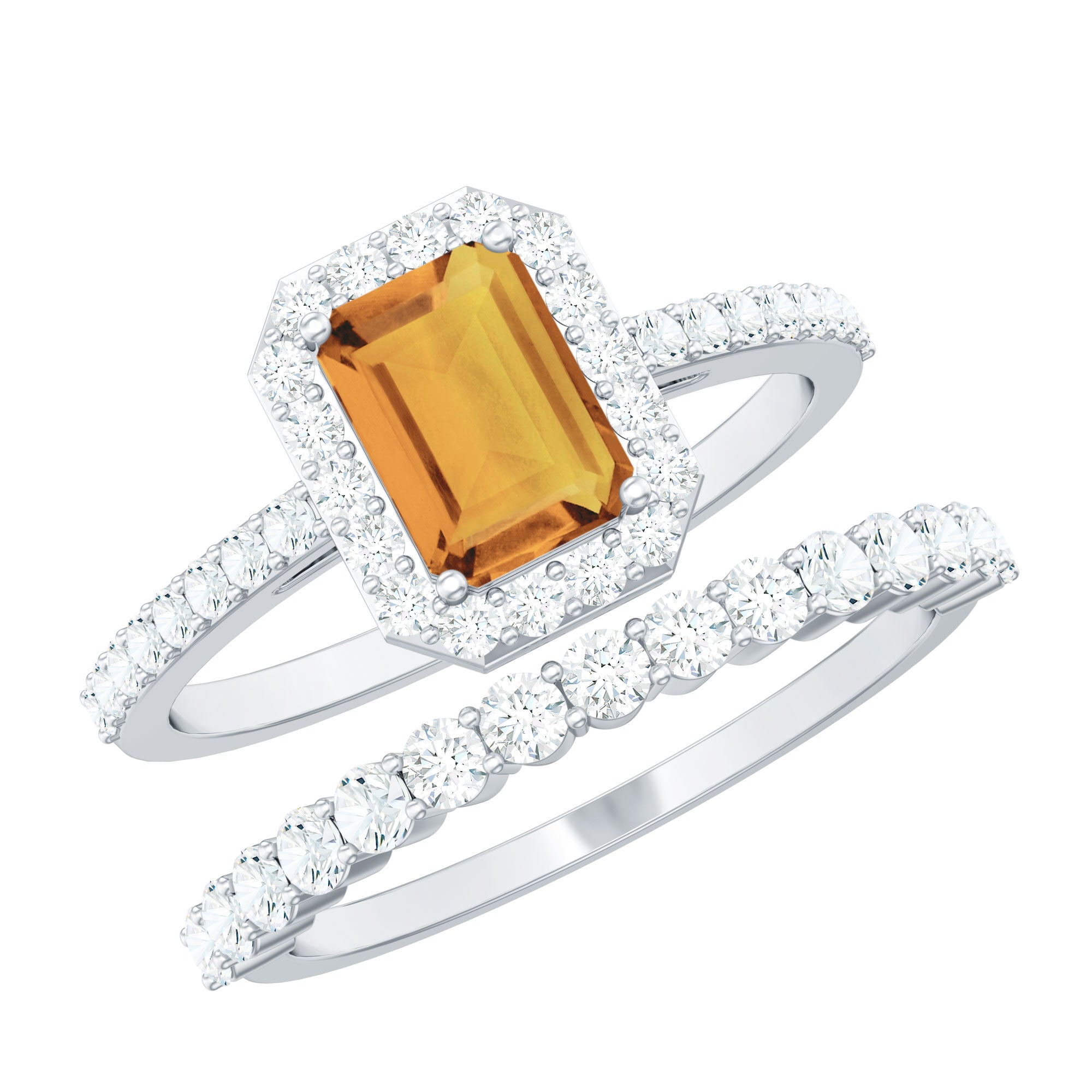 Emerald Cut Citrine Halo Engagement Ring with Moissanite Wedding Band AAA - Rosec Jewels