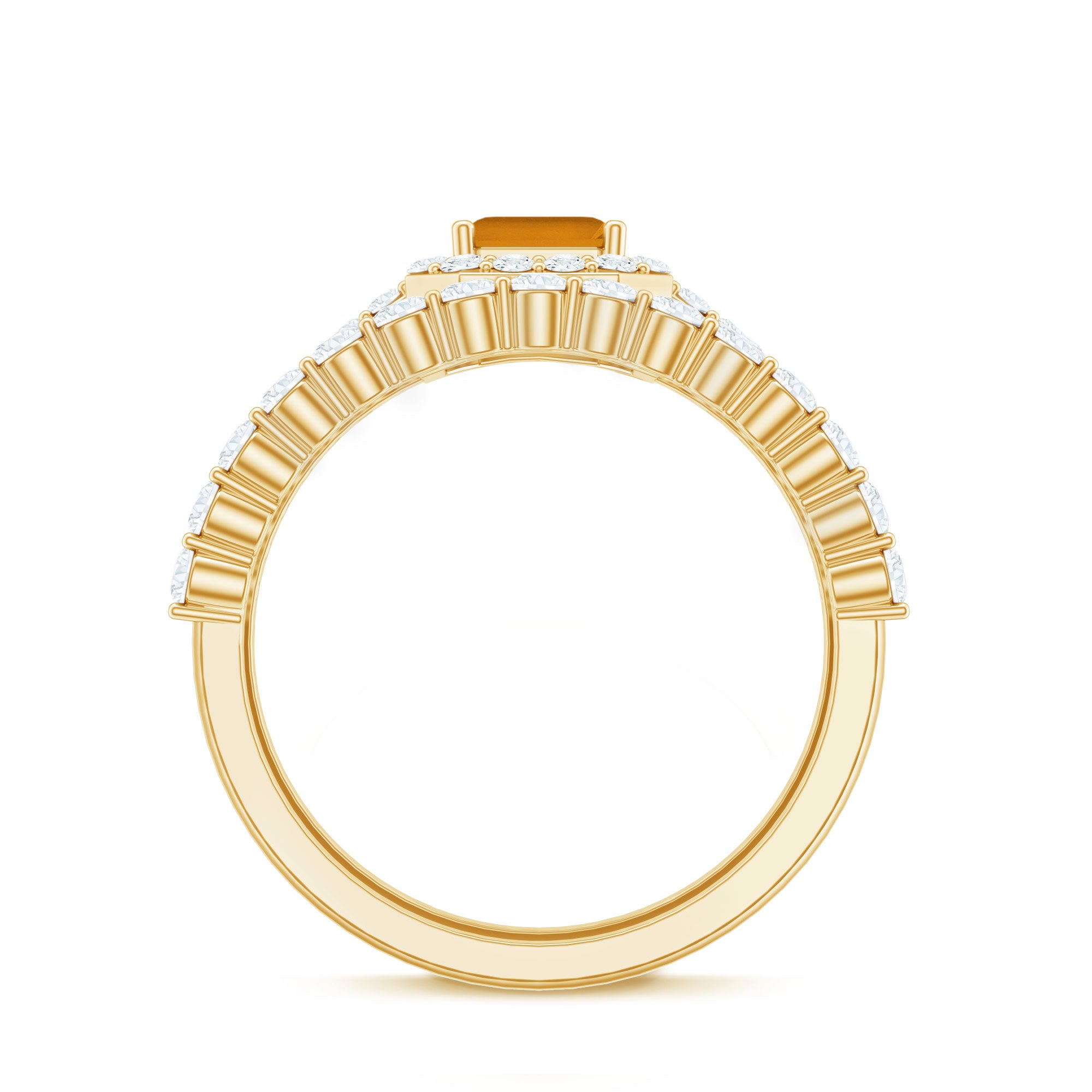 Emerald Cut Citrine Halo Engagement Ring with Moissanite Wedding Band AAA - Rosec Jewels