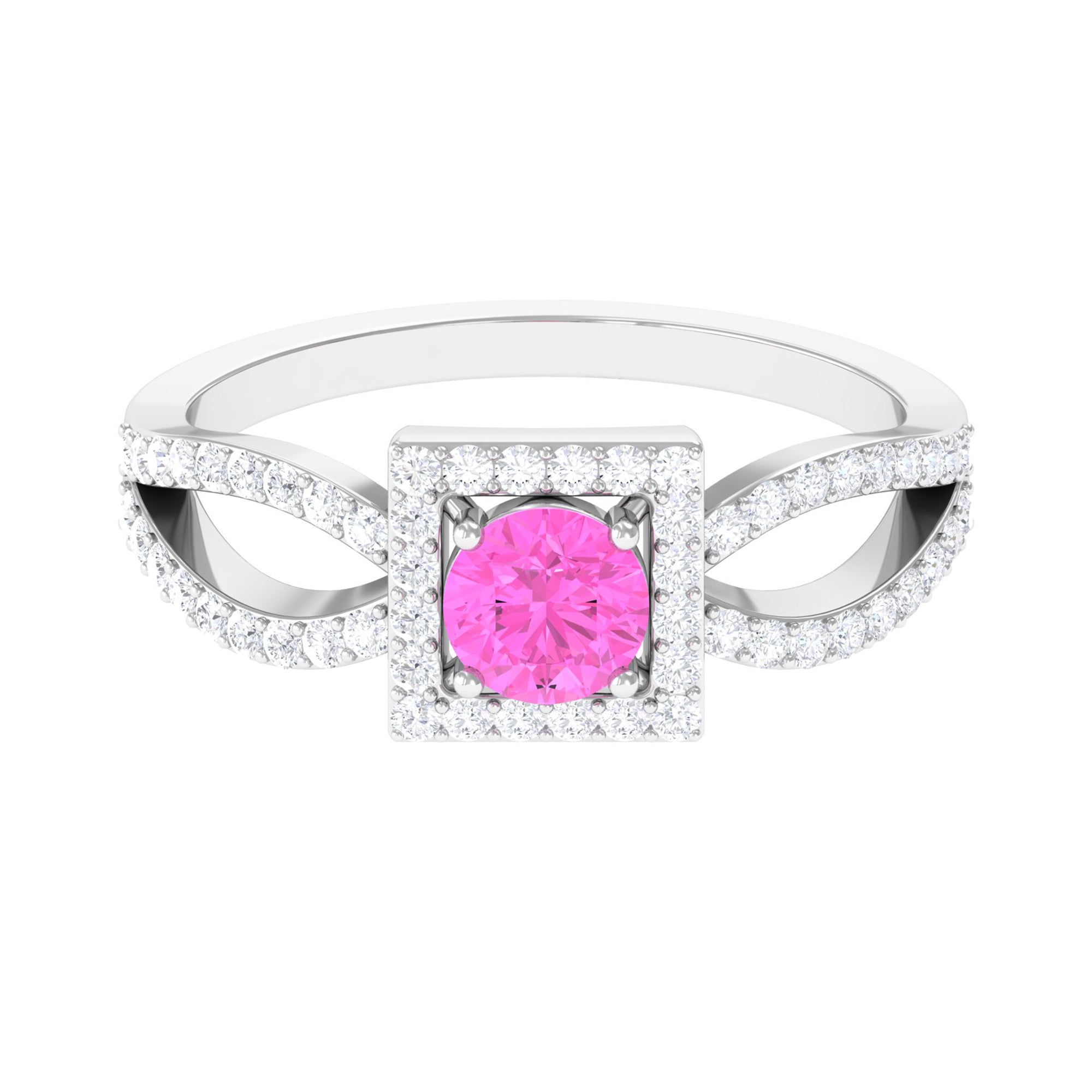 Round Pink Sapphire and Diamond Halo Ring in Split Shank