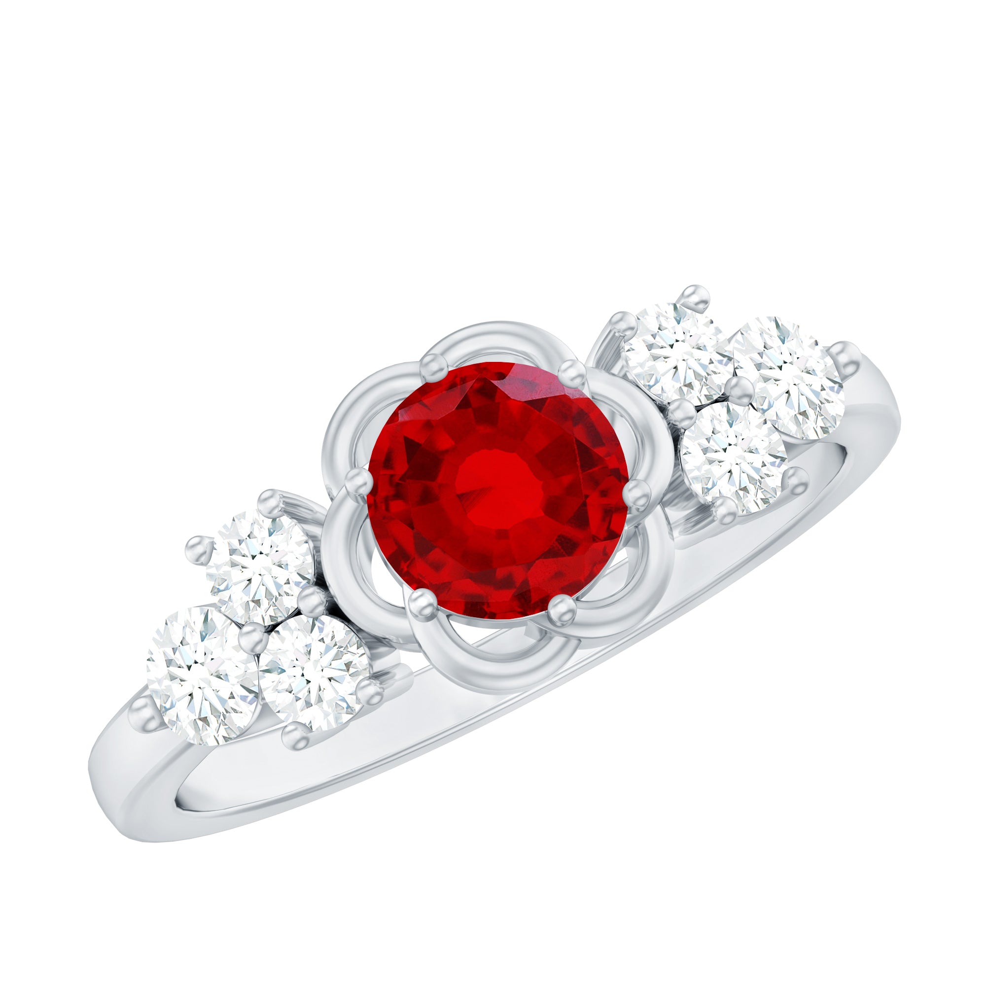 Lab Grown Ruby Flower Ring with Diamond Trio