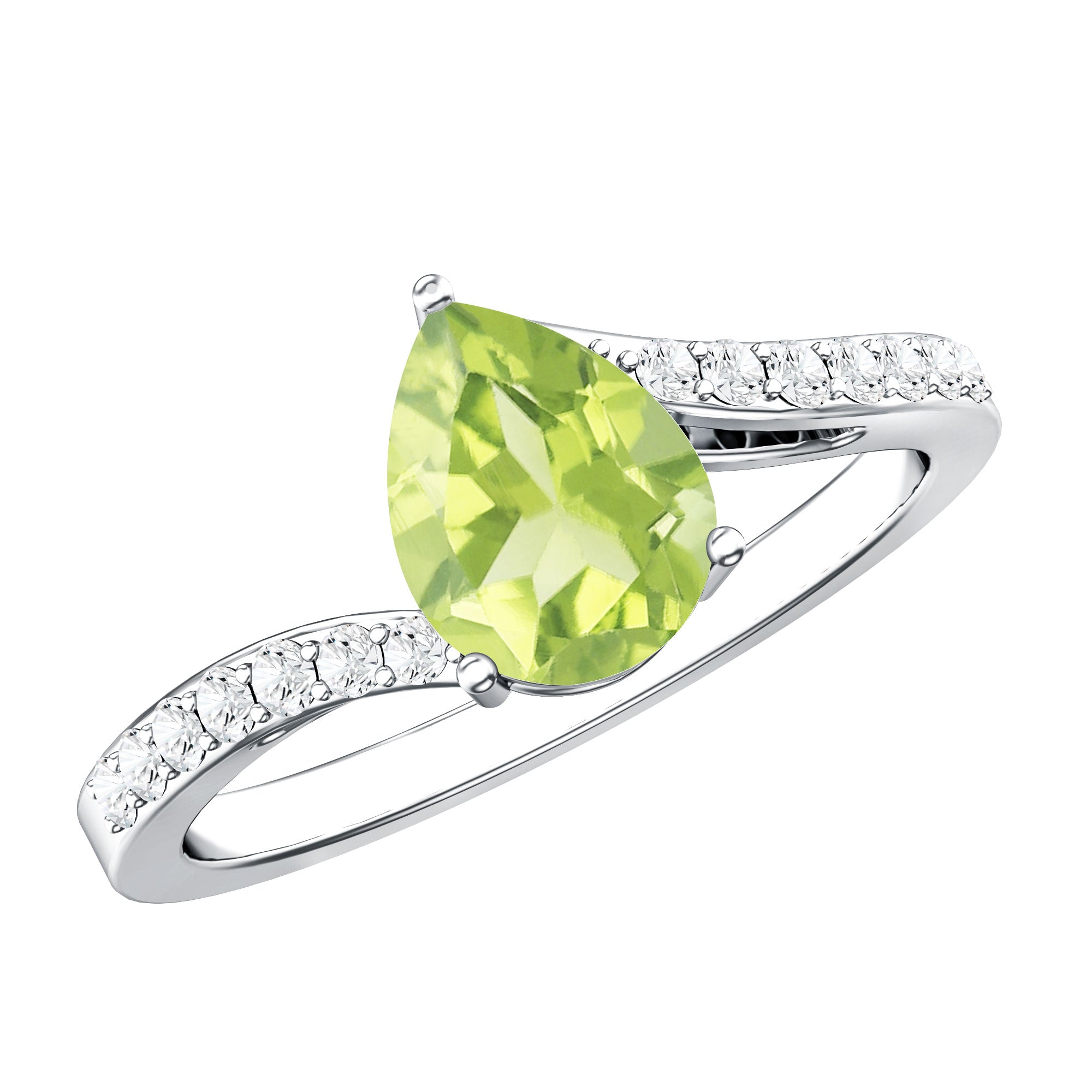 1 Carat Pear Shaped Peridot Engagement Ring with Diamond Bypass Shank AAA - Rosec Jewels