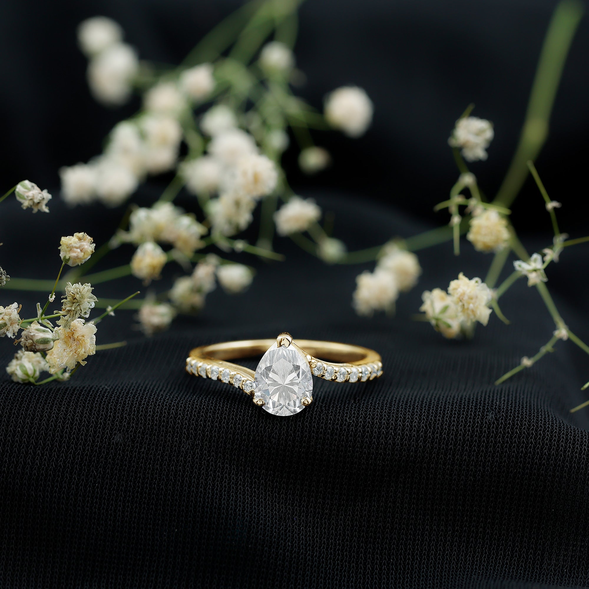 Pear Shape Moissanite Solitaire Bypass Engagement Ring D-VS1 - Rosec Jewels