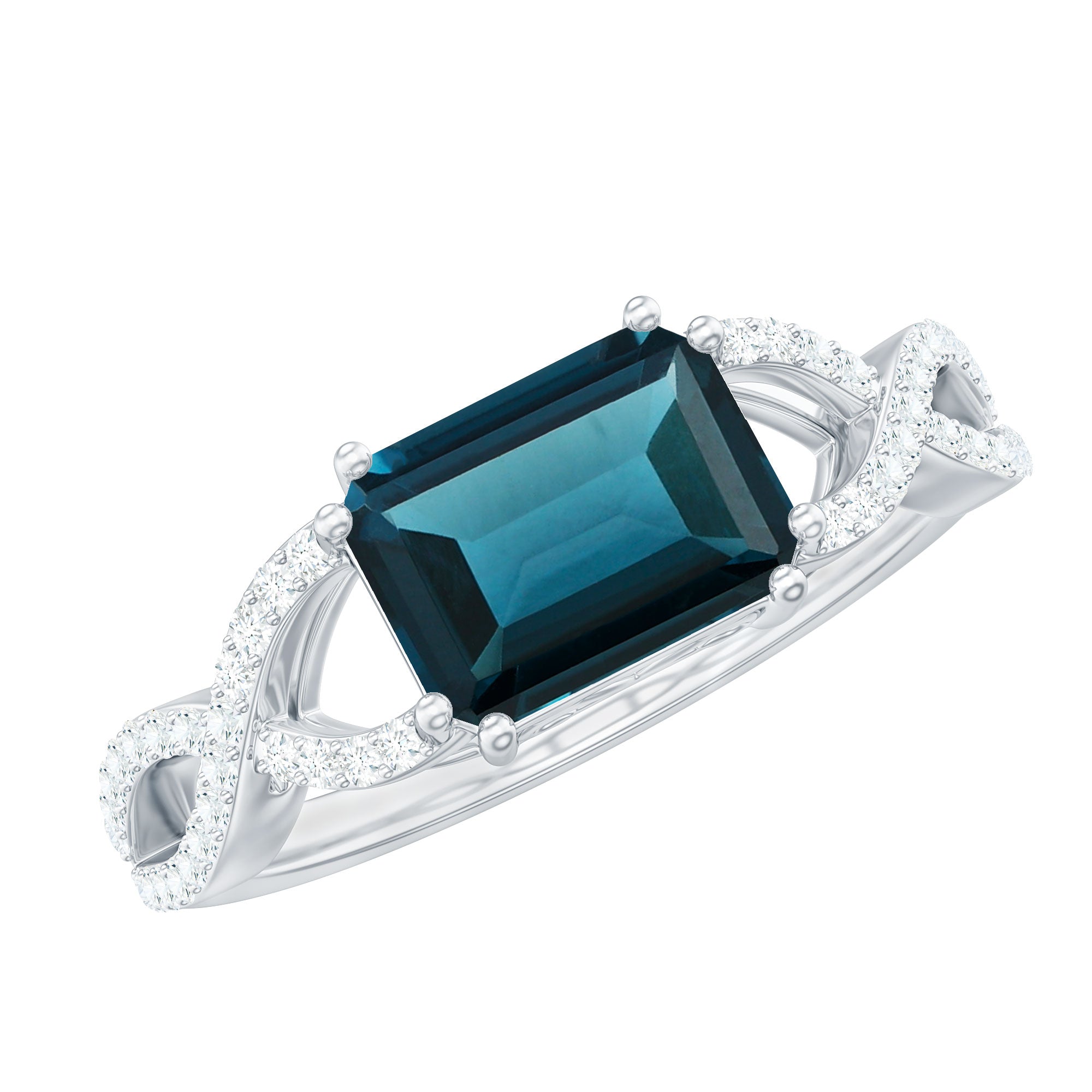 6X8mm Emerald Cut London Blue Topaz East West Engagement Ring with Diamond