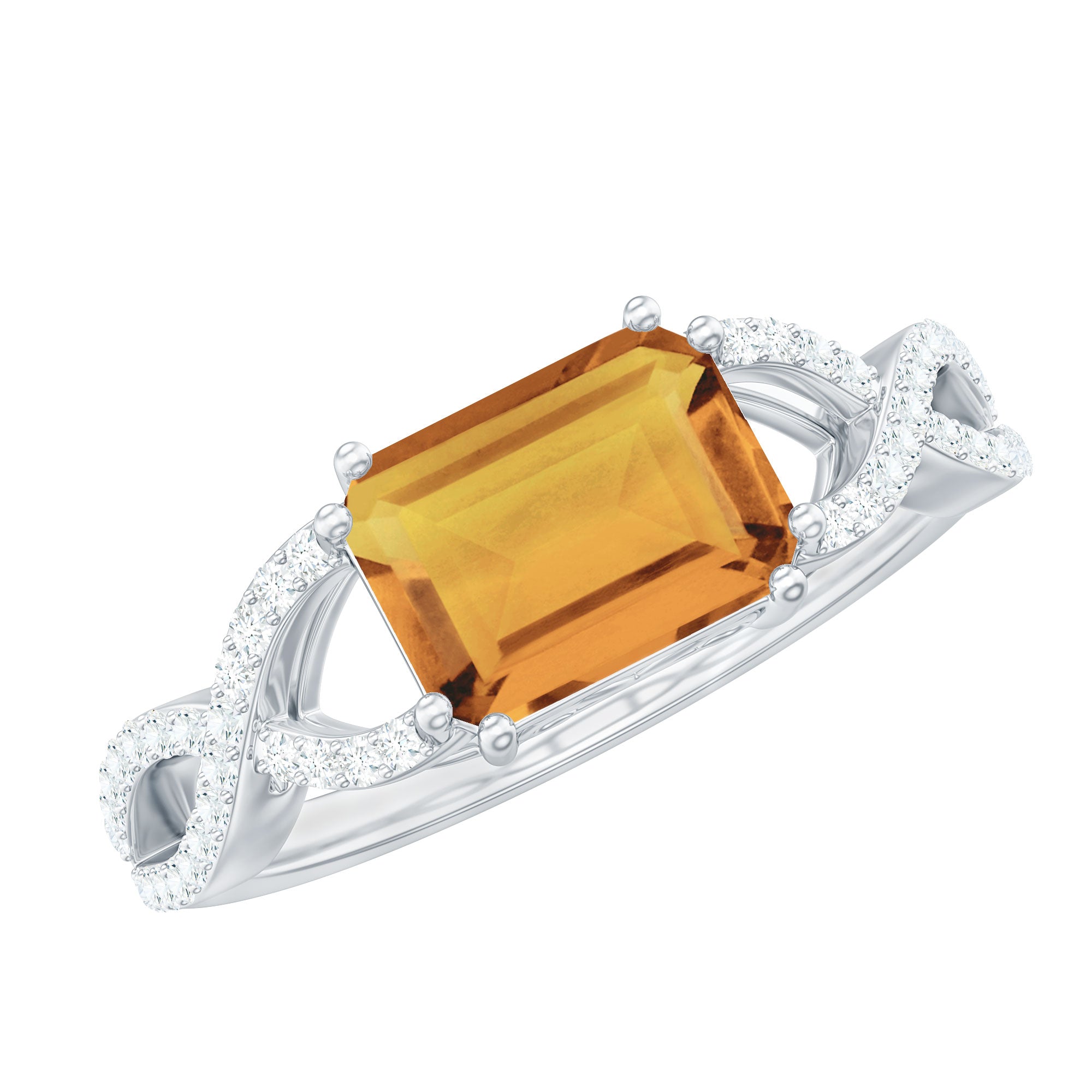 2 CT Emerald Cut Citrine East-West Crossover Ring with Diamond