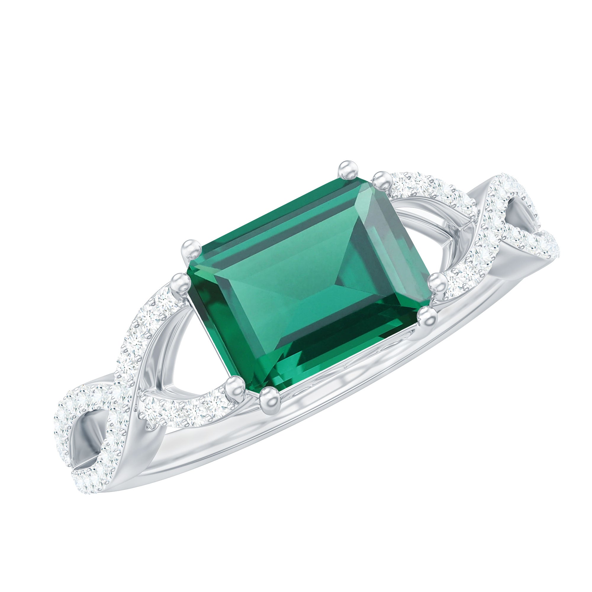 East West Style Lab Grown Emerald Cut Emerald Engagement Ring with Diamond