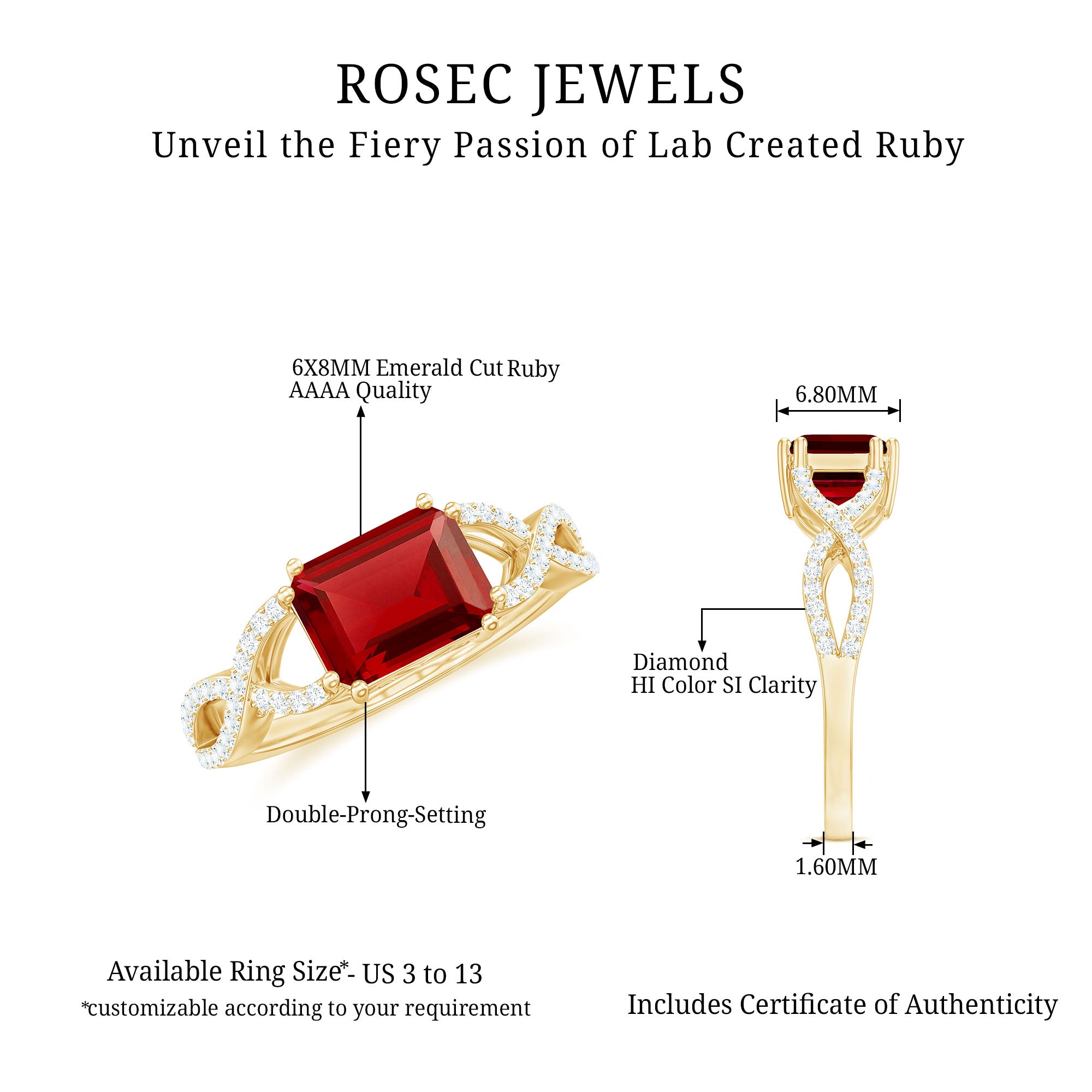 Emerald Cut Created Ruby East-West Crossover Ring with Diamond Lab Created Ruby - ( AAAA ) - Quality - Rosec Jewels