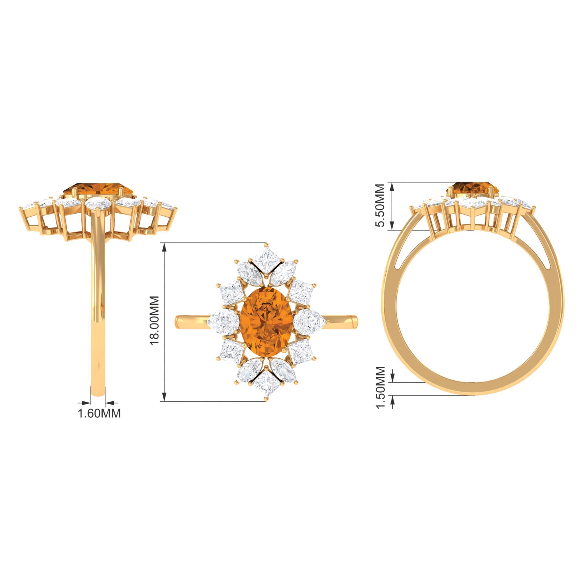 2.25 CT Oval Cut Citrine Cocktail Ring with Moissanite Stones AAA - Rosec Jewels
