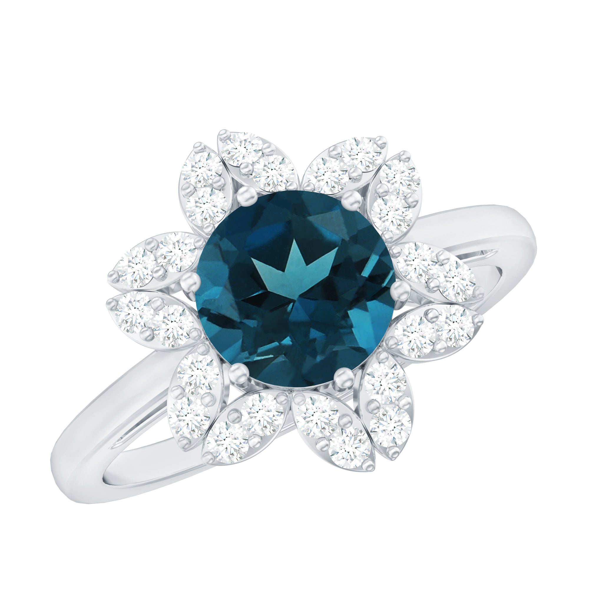 7mm Round London Blue Topaz Floral Engagement Ring with Diamond