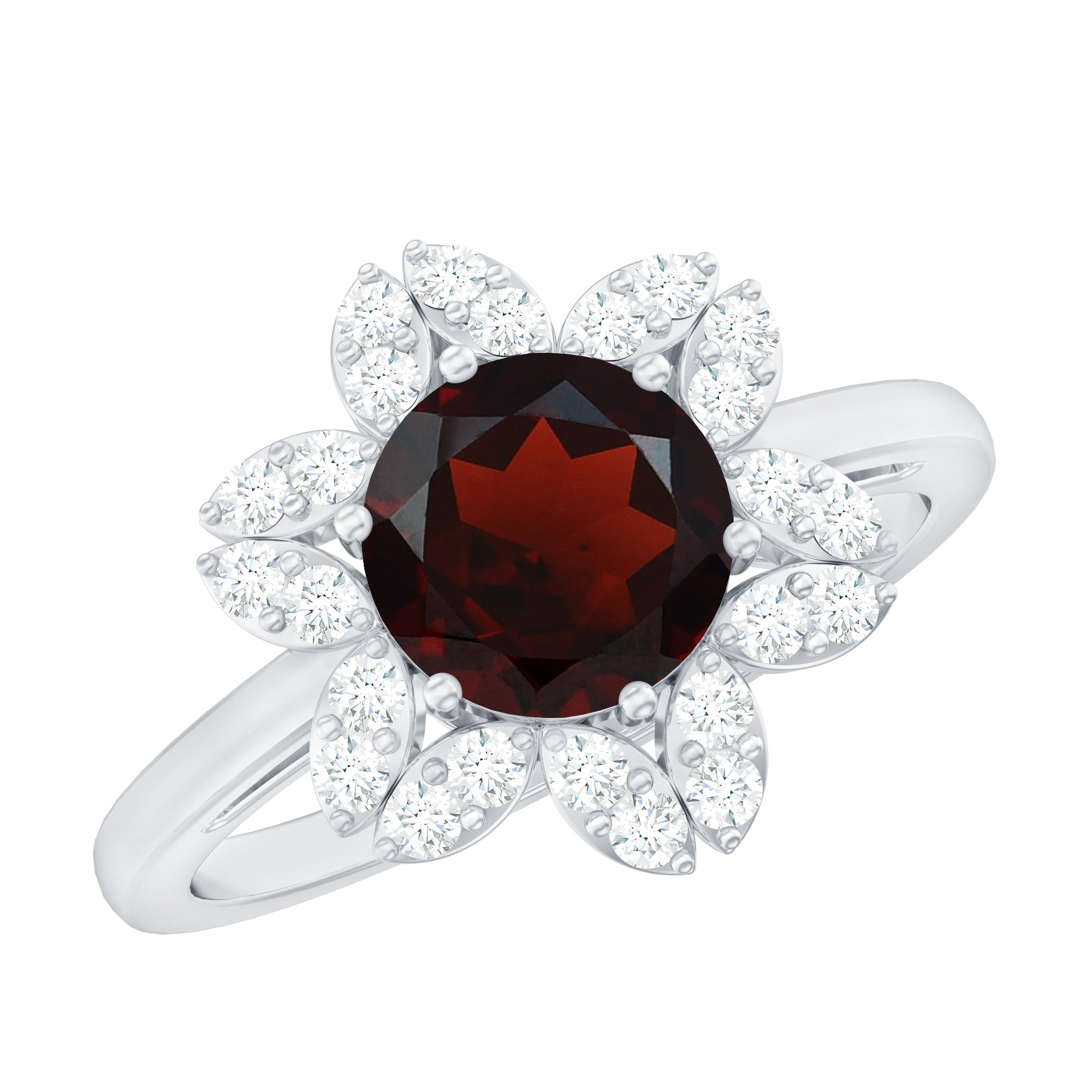 Certified Natural 8mm Garnet Flower Engagement Ring with Diamond