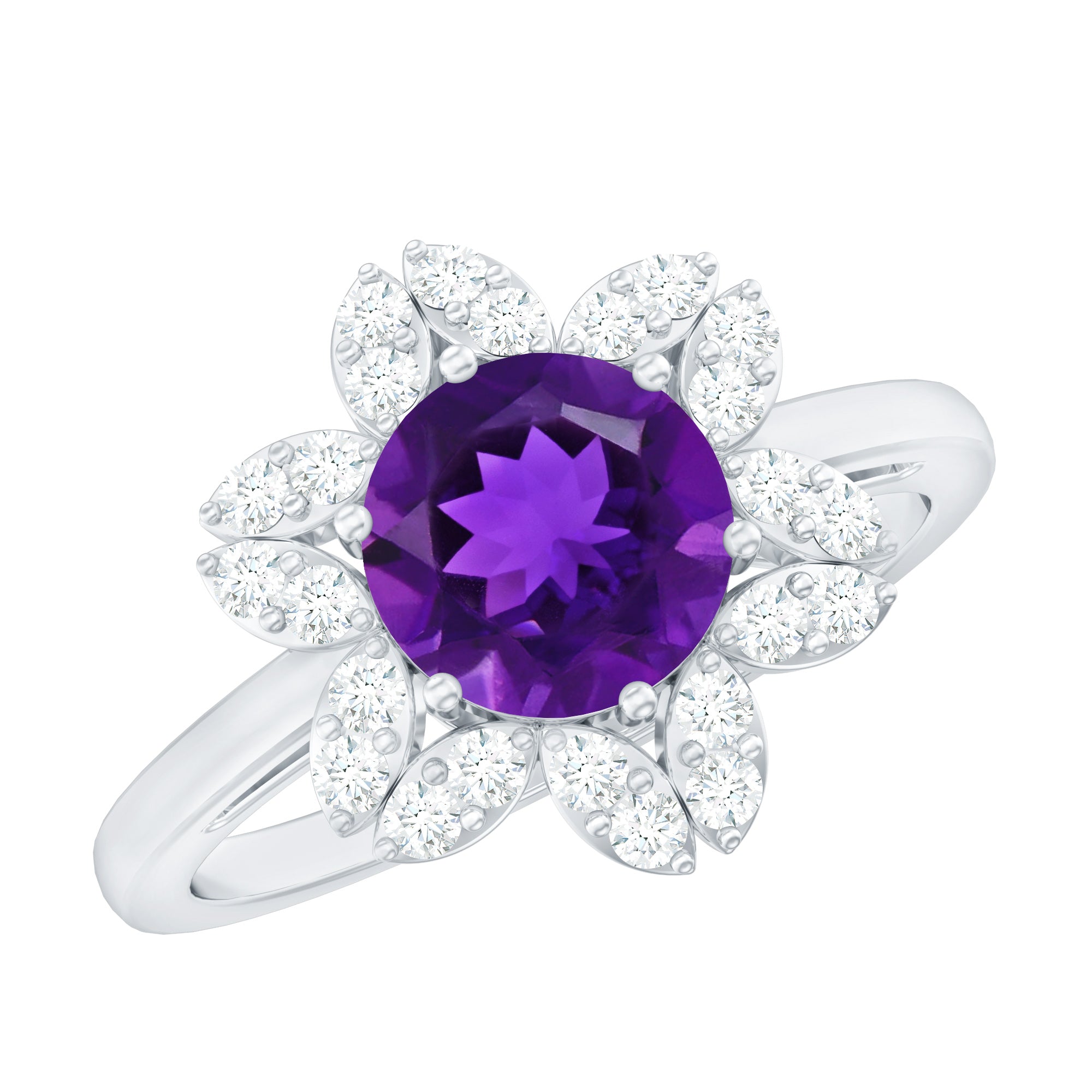 Round Amethyst Flower Engagement Ring with Diamond