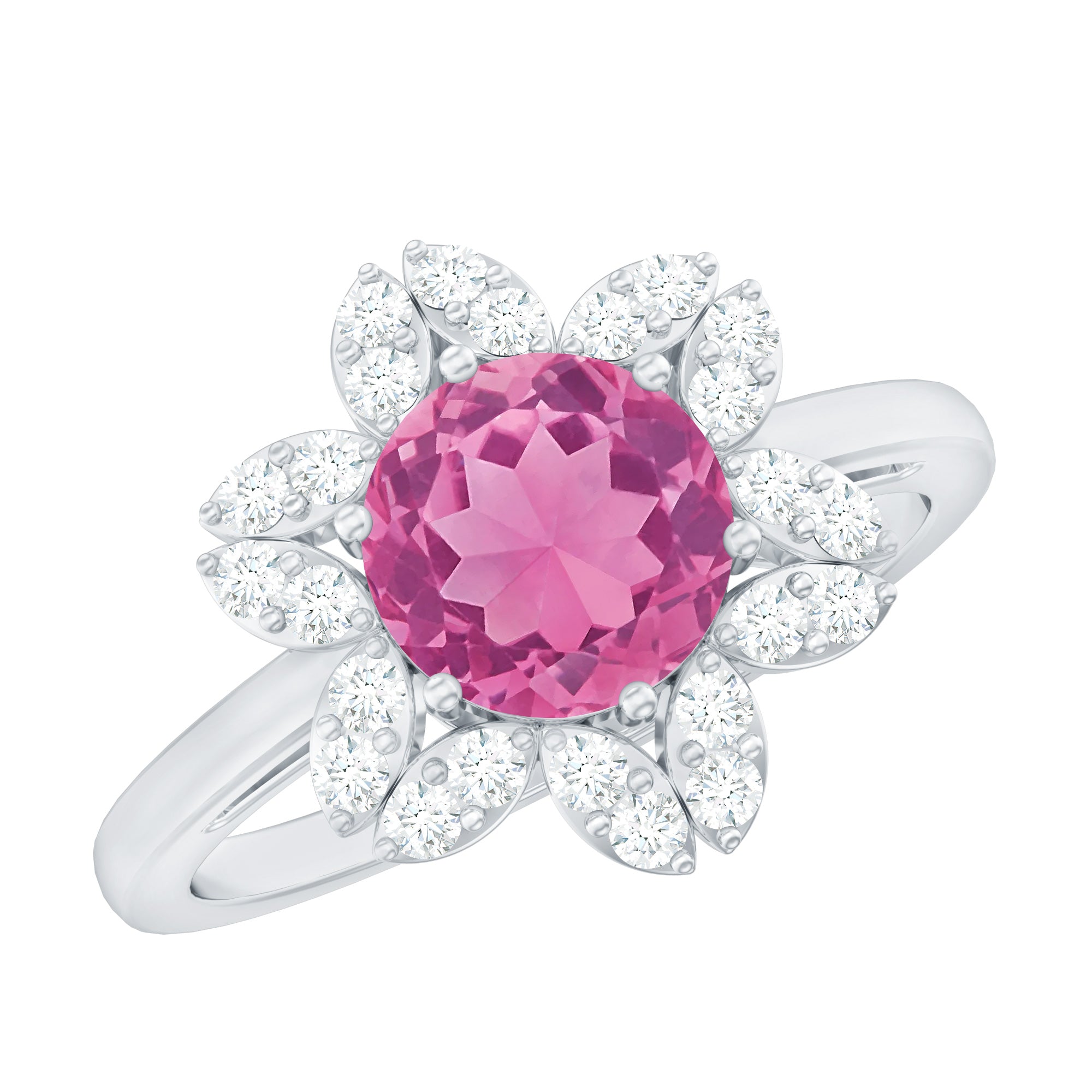 Rosec Jewels-Real 1.2 Carat Round Pink Tourmaline Flower Engagement Ring with Diamond