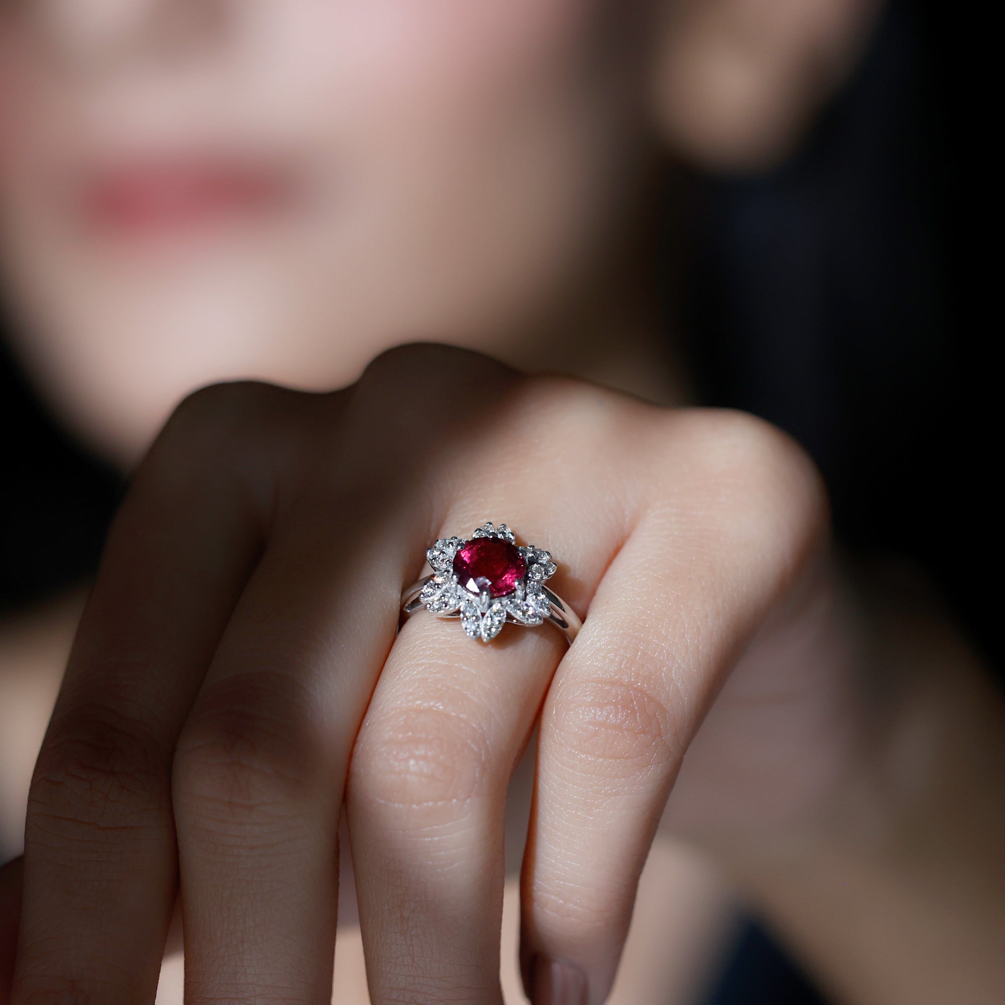 Rosec Jewels-Real 1.2 Carat Round Pink Tourmaline Flower Engagement Ring with Diamond