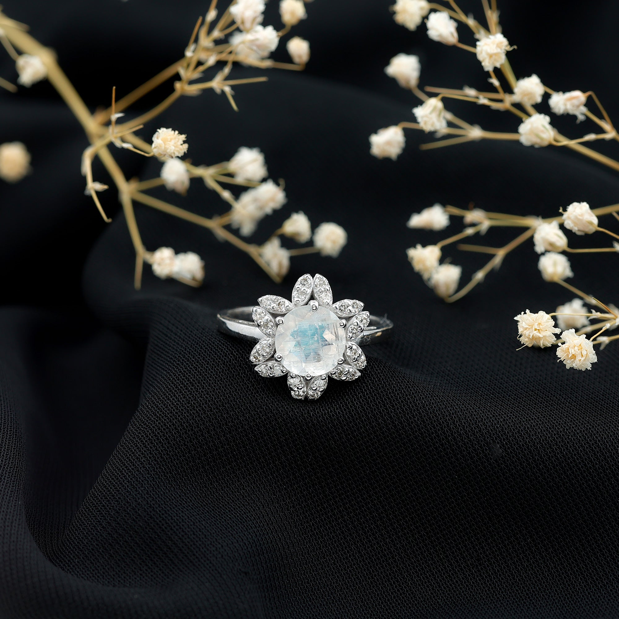 0.85 CT Moonstone and Diamond Floral Halo Engagement Ring AAA - Rosec Jewels