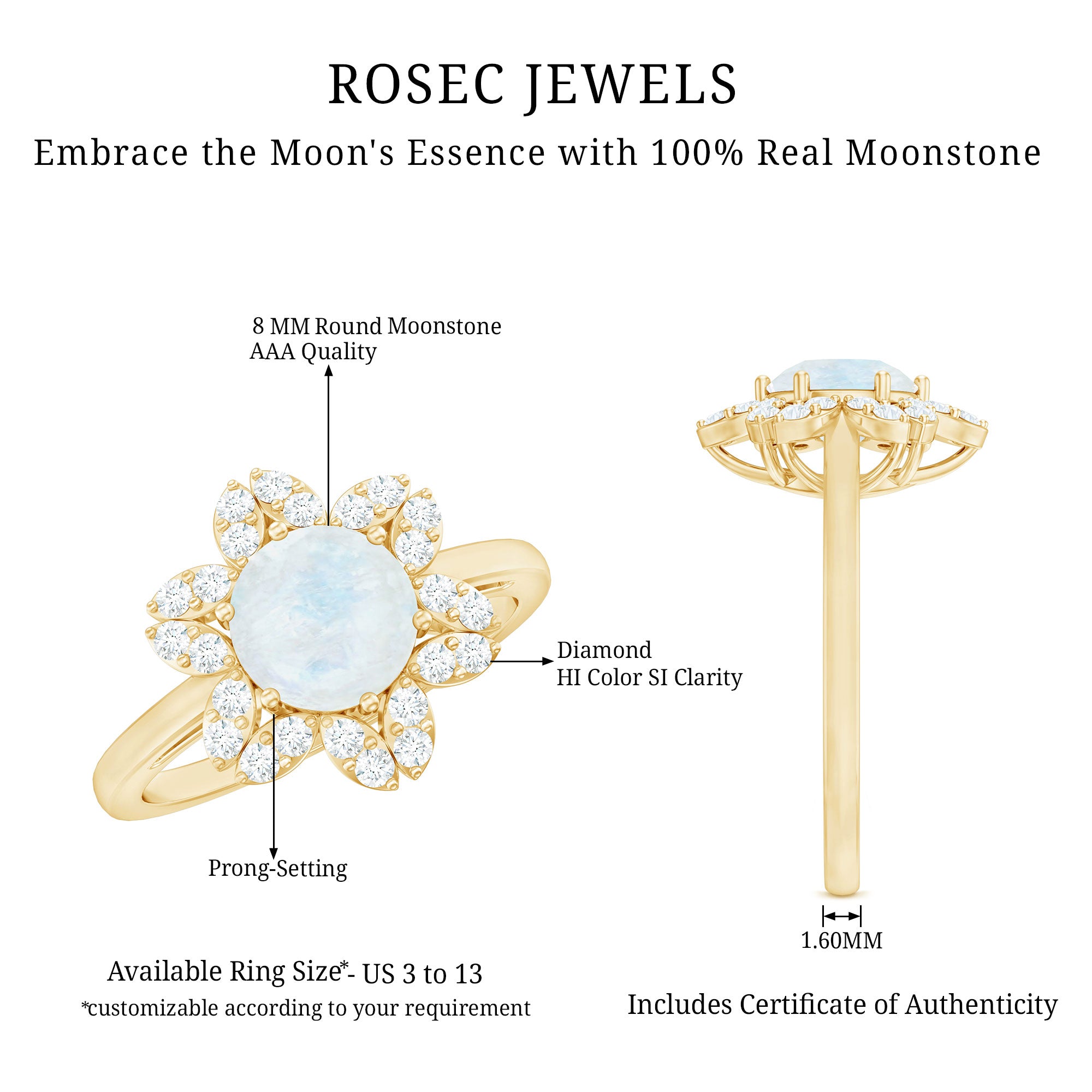 0.85 CT Moonstone and Diamond Floral Halo Engagement Ring AAA - Rosec Jewels