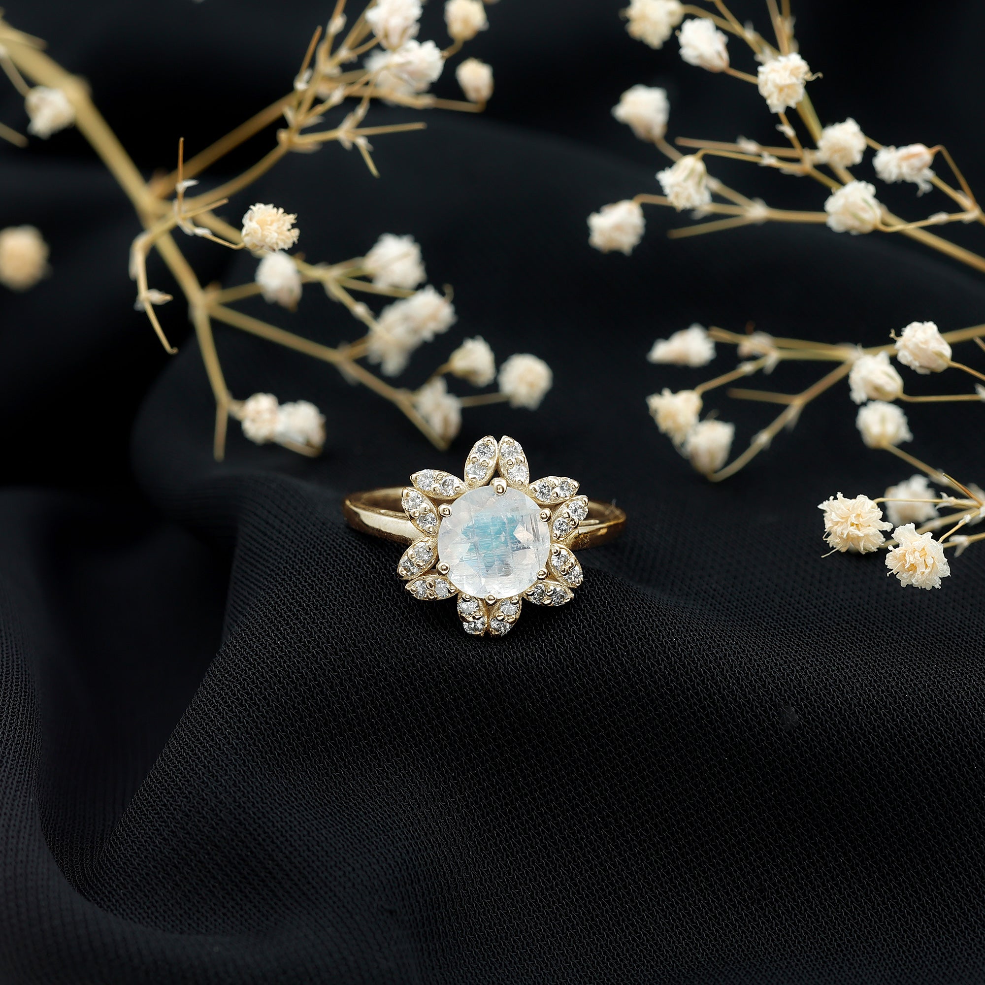 0.85 CT Moonstone and Diamond Floral Halo Engagement Ring AAA - Rosec Jewels