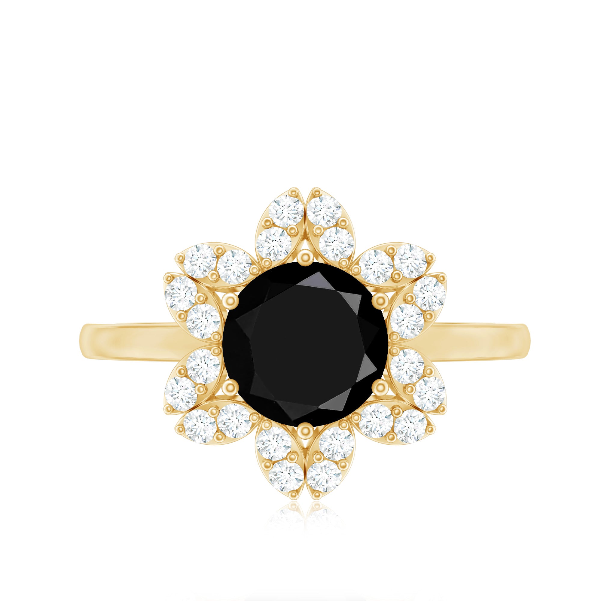 Genuine Round Cut Black Onyx Flower Engagement Ring with Diamonds AAA - Rosec Jewels