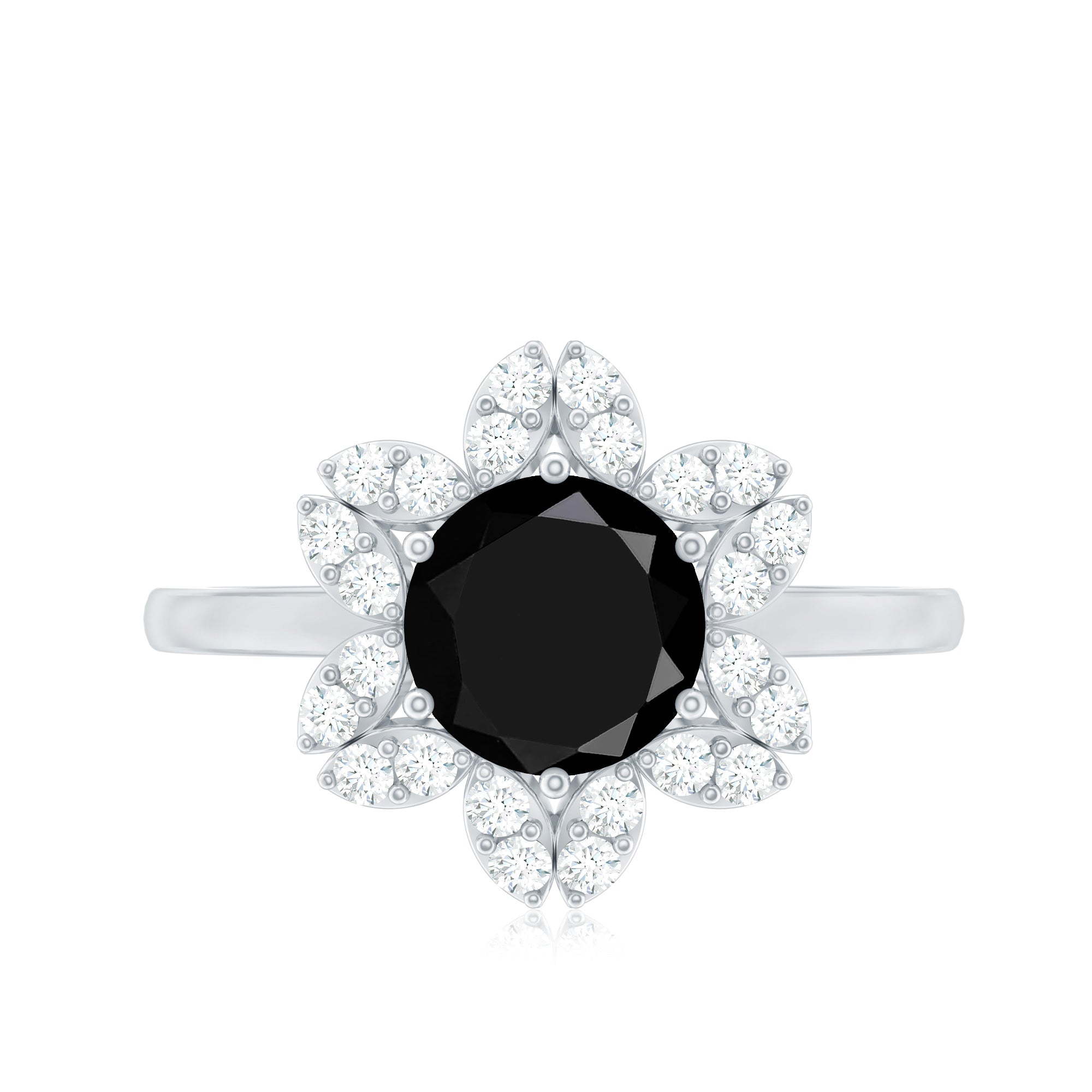 Natural 2.5 Carat Black Spinel Flower Engagement Ring with Diamond AAA - Rosec Jewels