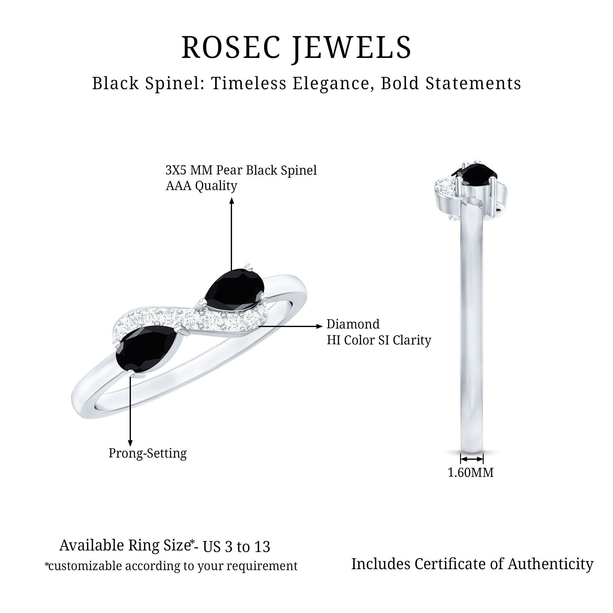 Rosec Jewels-Natural Black Spinel Diamond 2 Stone Promise Ring in East West Style