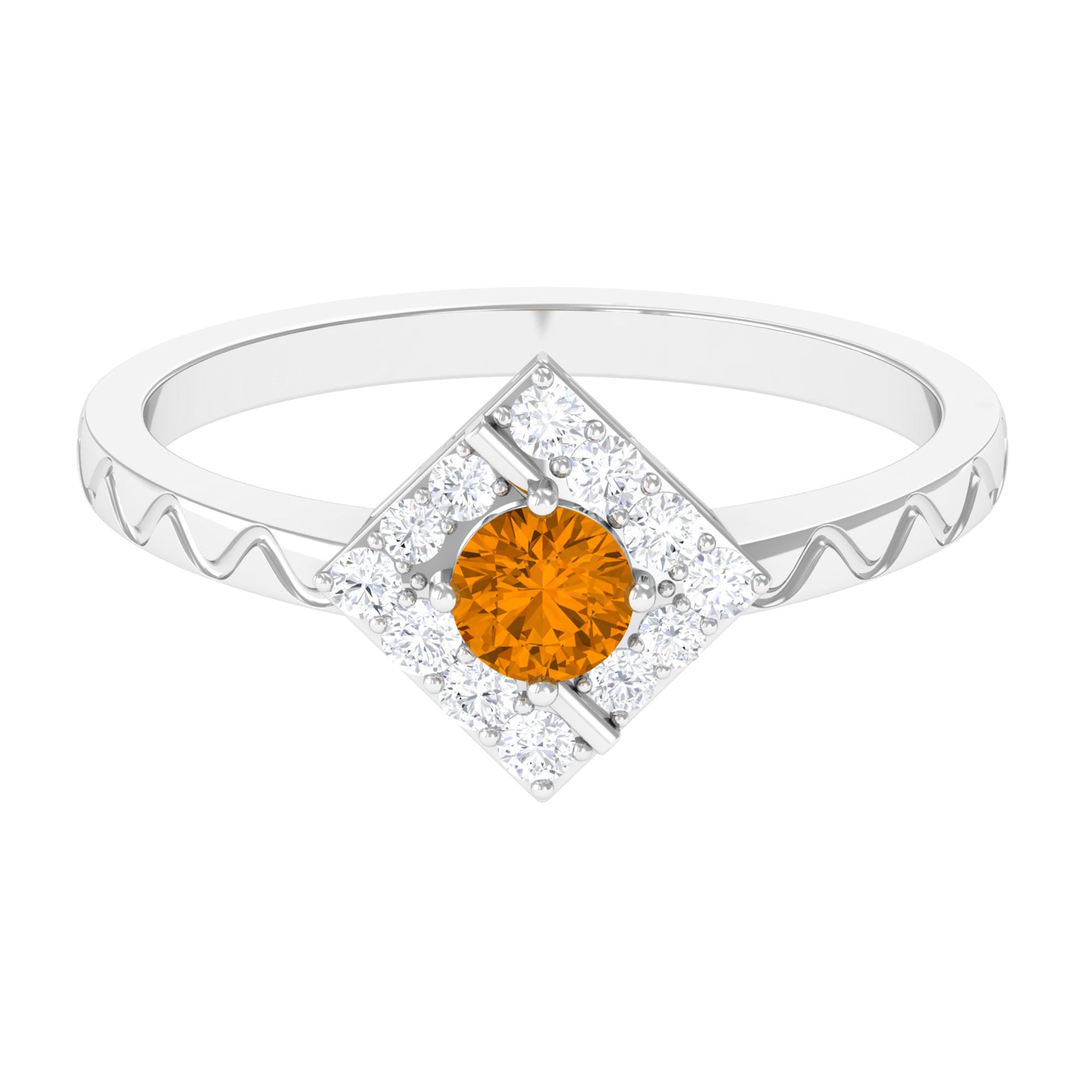 0.50 CT Round Shape Citrine Minimal Textured Ring with Diamond AAA - Rosec Jewels