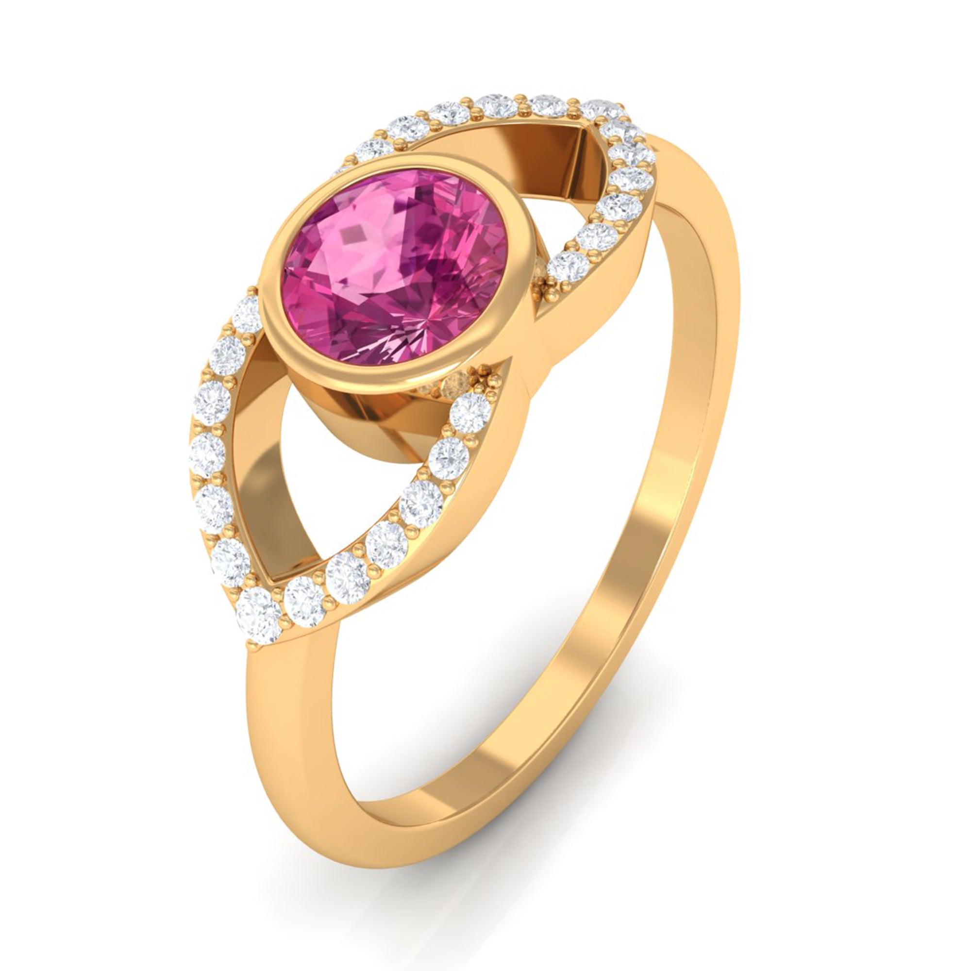Pink Tourmaline Solitaire Split Shank Ring with Diamond AAA - Rosec Jewels