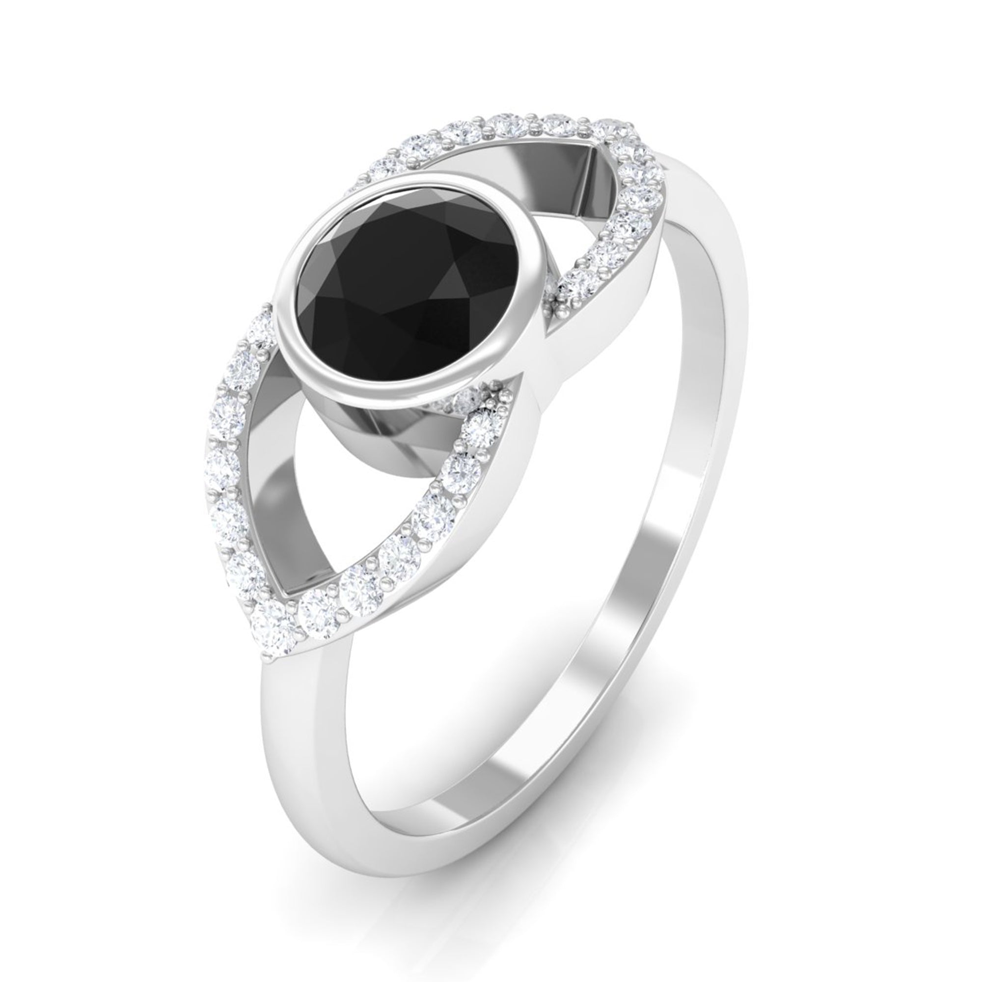 Bezel Set Solitaire Black Spinel and Diamond Ring in Split Shank AAA - Rosec Jewels