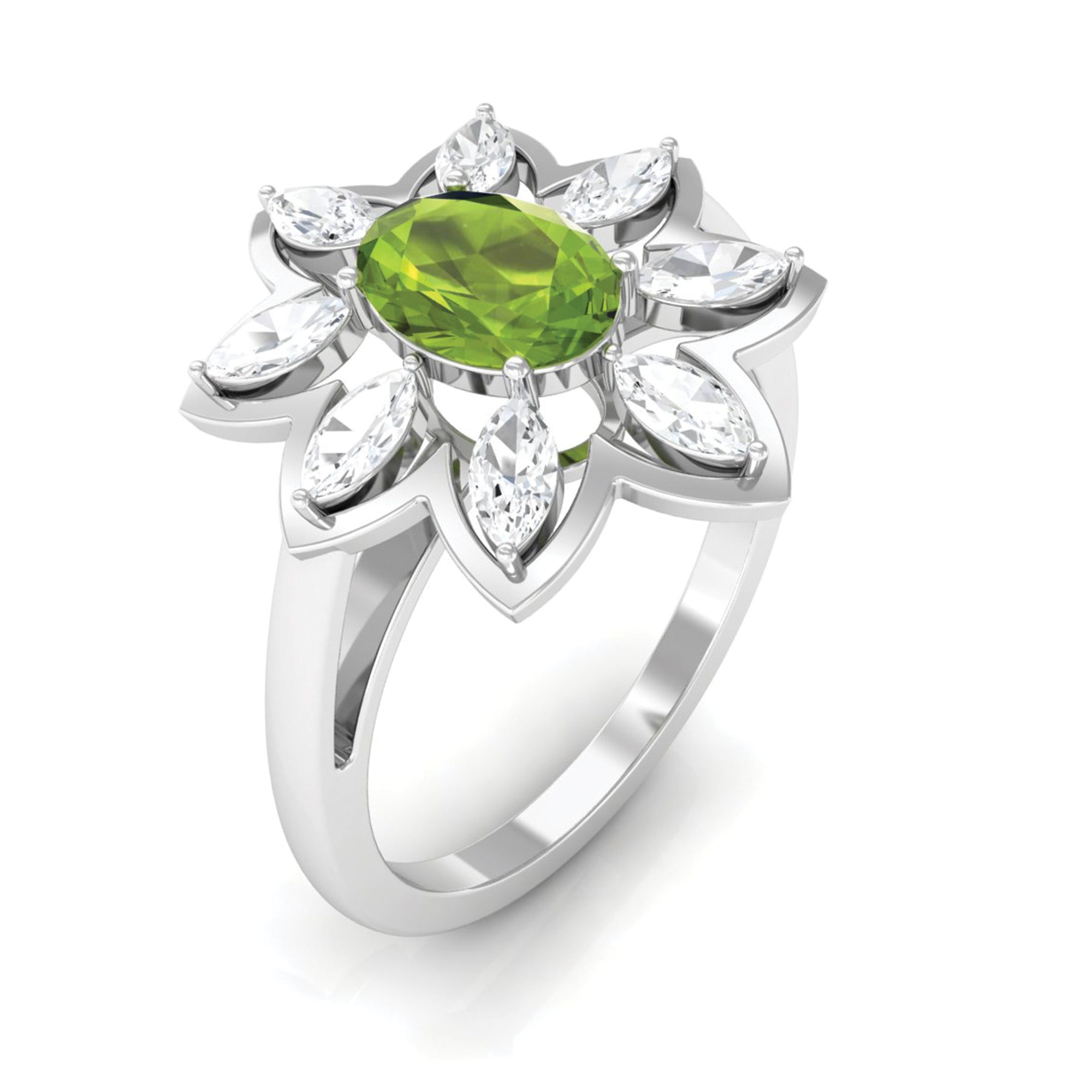Oval Cut Peridot and Diamond Flower Engagement Ring with Certificate AAA - Rosec Jewels