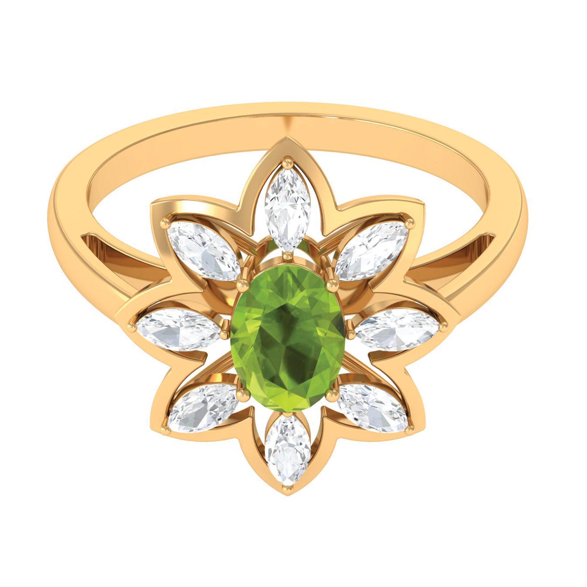 Oval Cut Peridot and Diamond Flower Engagement Ring with Certificate AAA - Rosec Jewels
