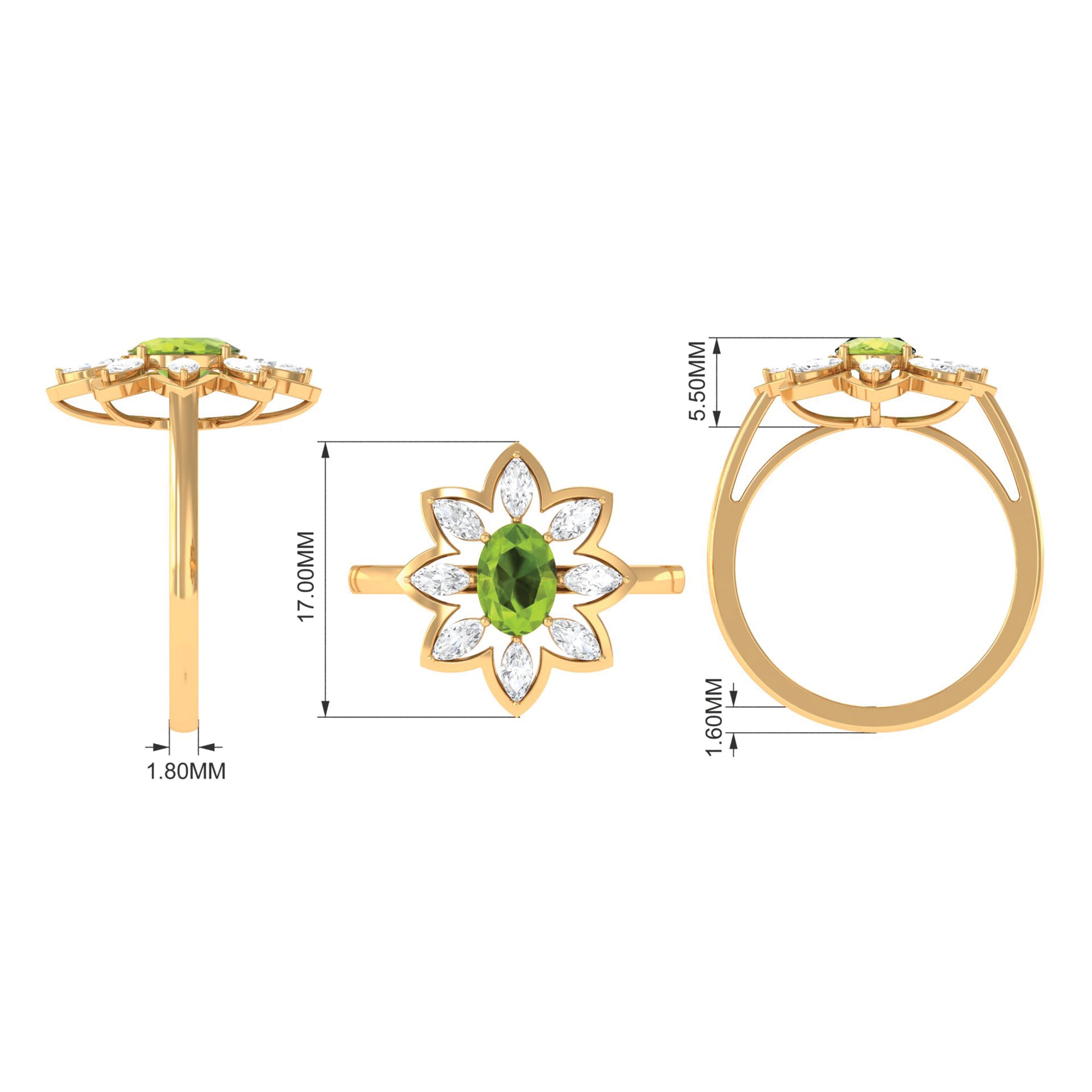 Oval Cut Peridot and Diamond Flower Engagement Ring with Certificate AAA - Rosec Jewels